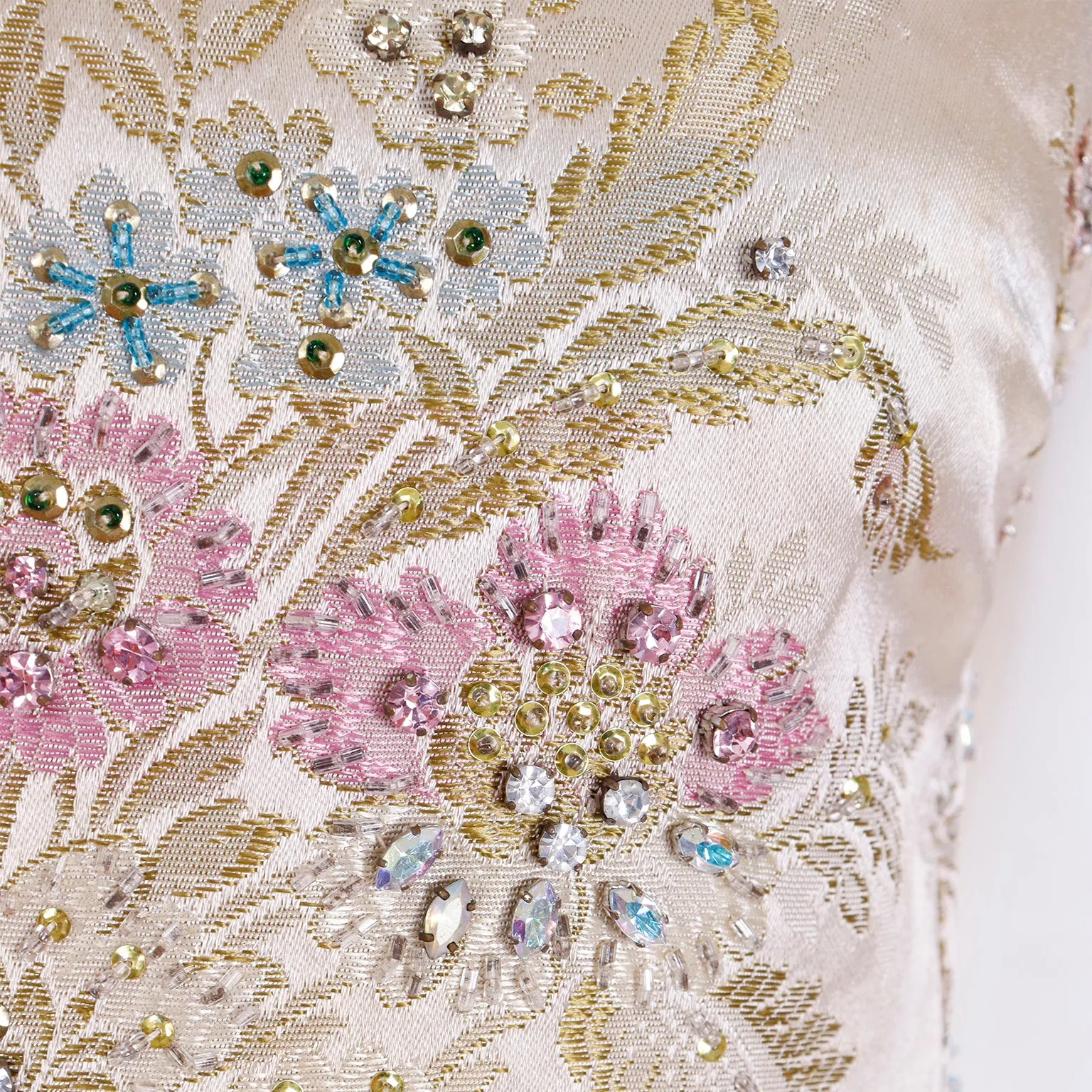 1960s Saks Fifth Avenue Floral Beaded Champagne Satin Evening Dress