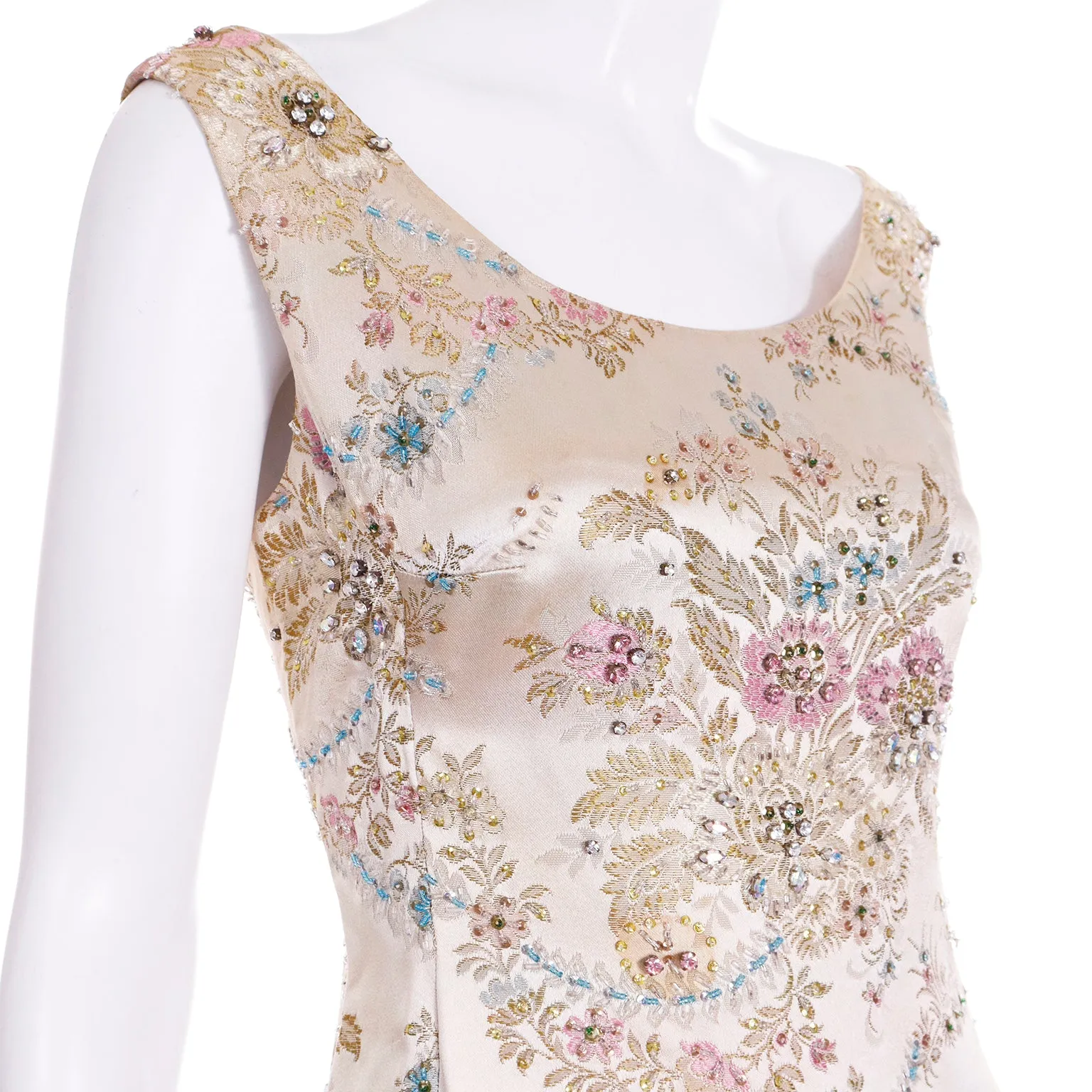 1960s Saks Fifth Avenue Floral Beaded Champagne Satin Evening Dress