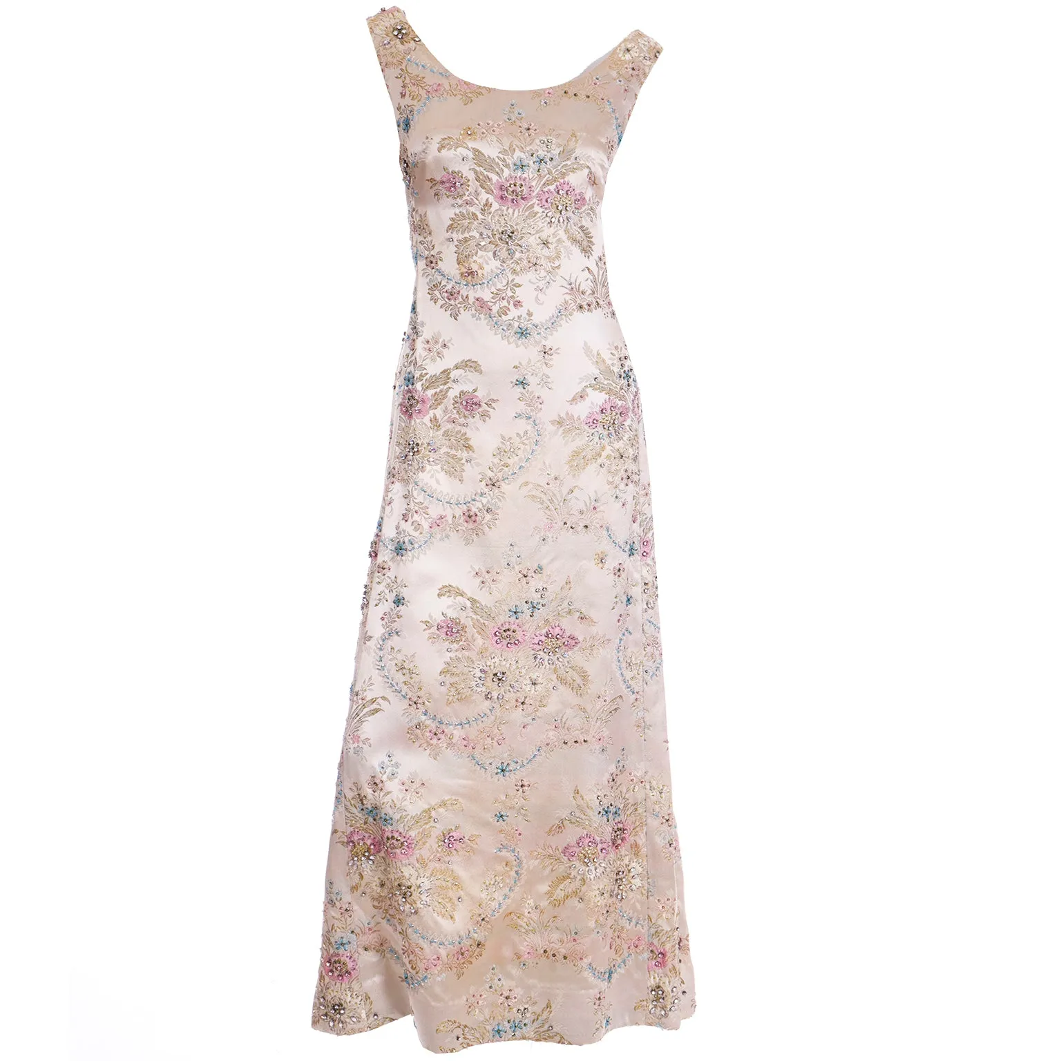 1960s Saks Fifth Avenue Floral Beaded Champagne Satin Evening Dress