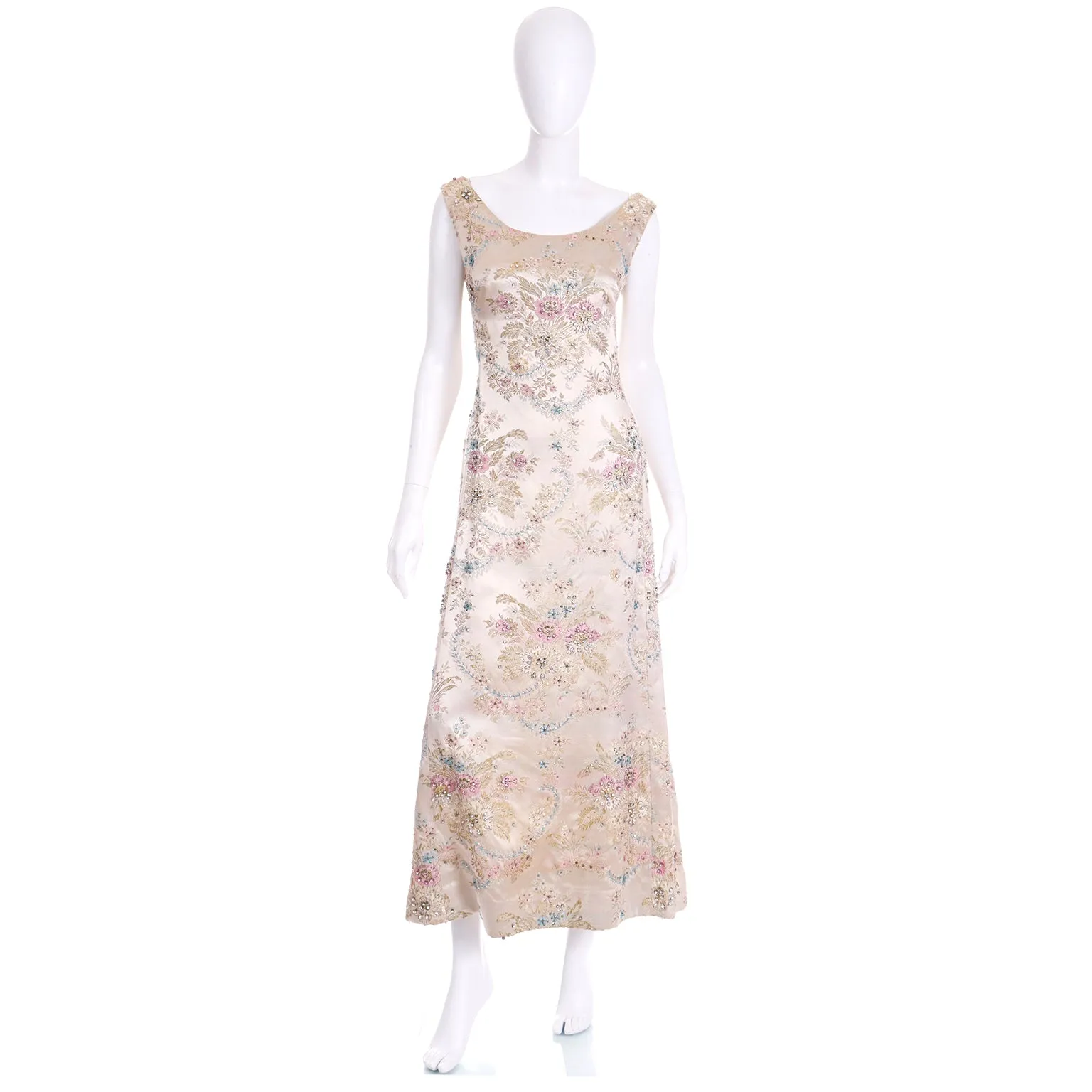 1960s Saks Fifth Avenue Floral Beaded Champagne Satin Evening Dress
