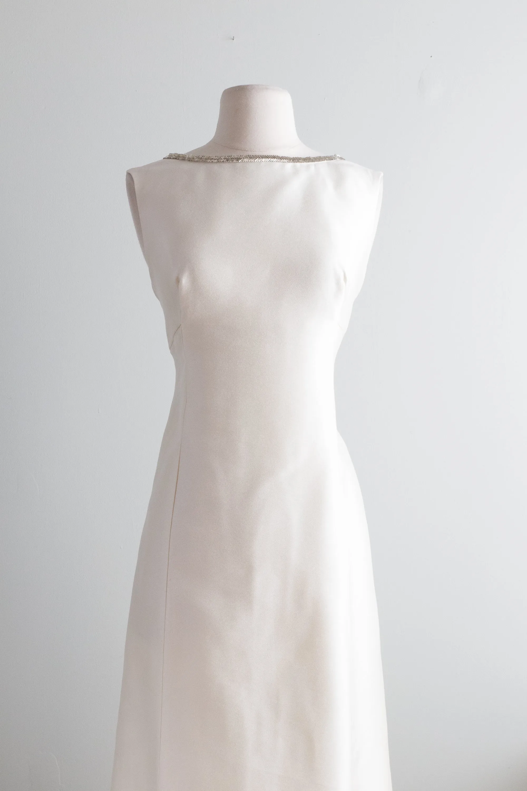 1960s Silk Wedding Gown With Beaded Trim And Bows / Medium