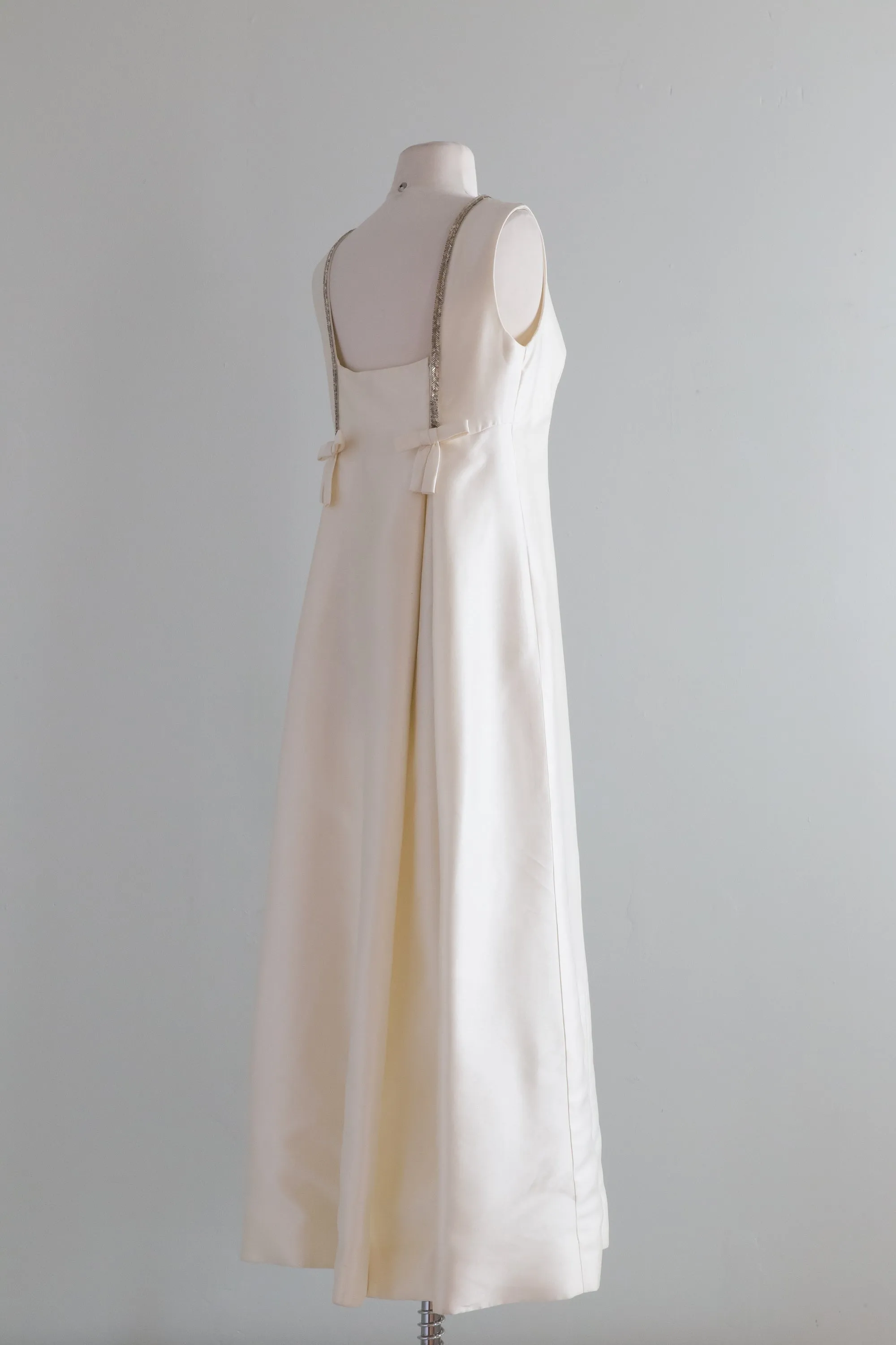 1960s Silk Wedding Gown With Beaded Trim And Bows / Medium