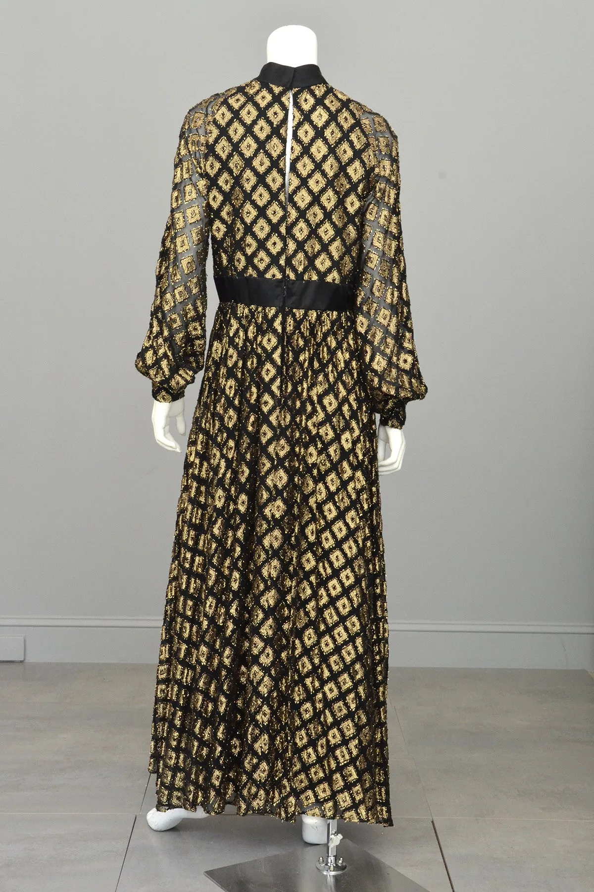 1970s Black Chiffon Gold Lamé Full Skirt Maxi Dress Gown