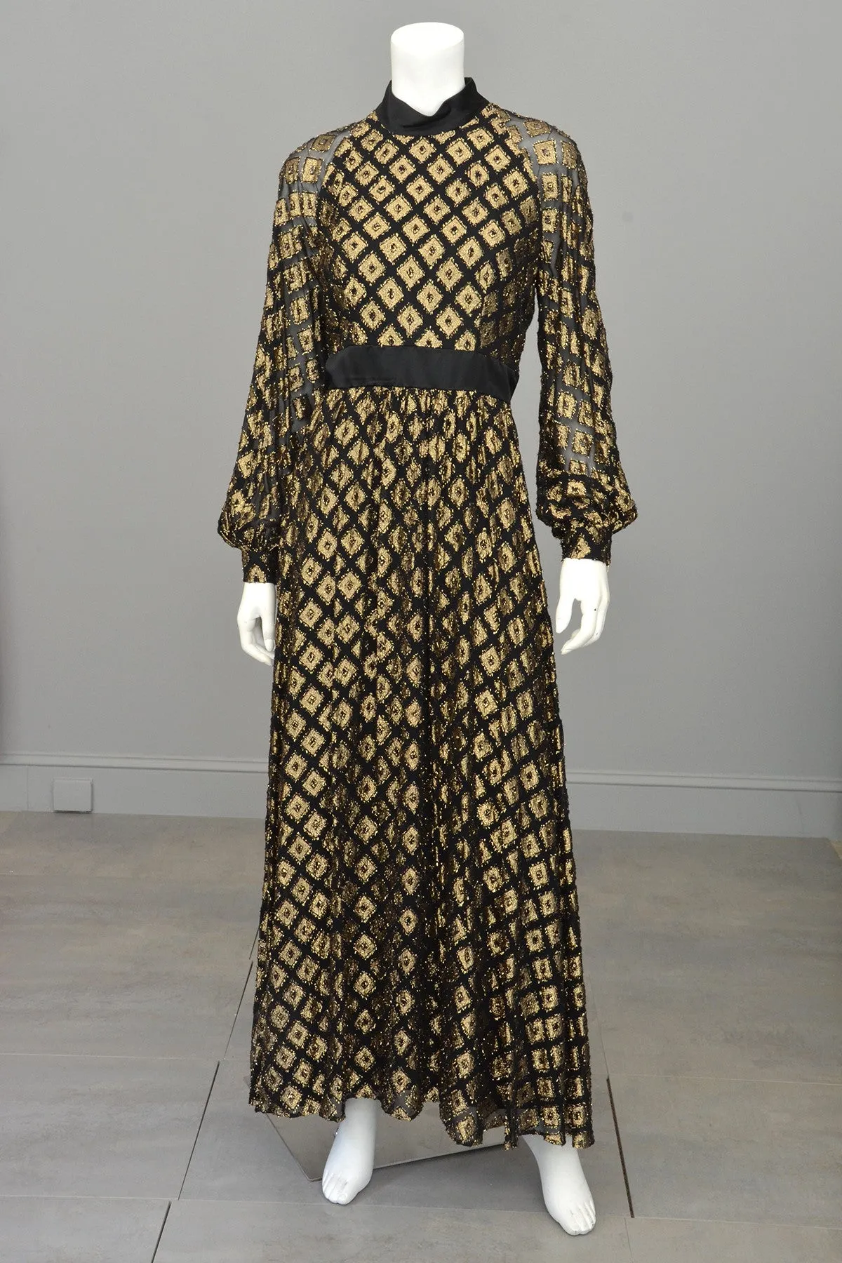 1970s Black Chiffon Gold Lamé Full Skirt Maxi Dress Gown