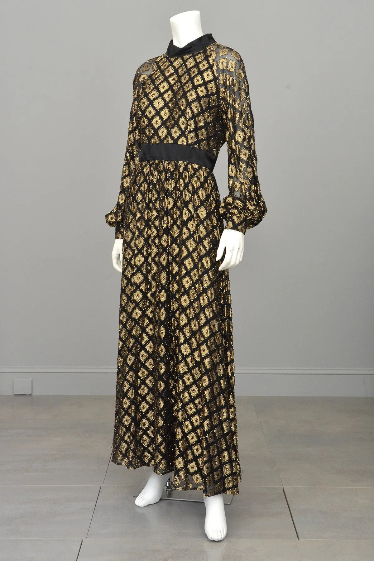 1970s Black Chiffon Gold Lamé Full Skirt Maxi Dress Gown