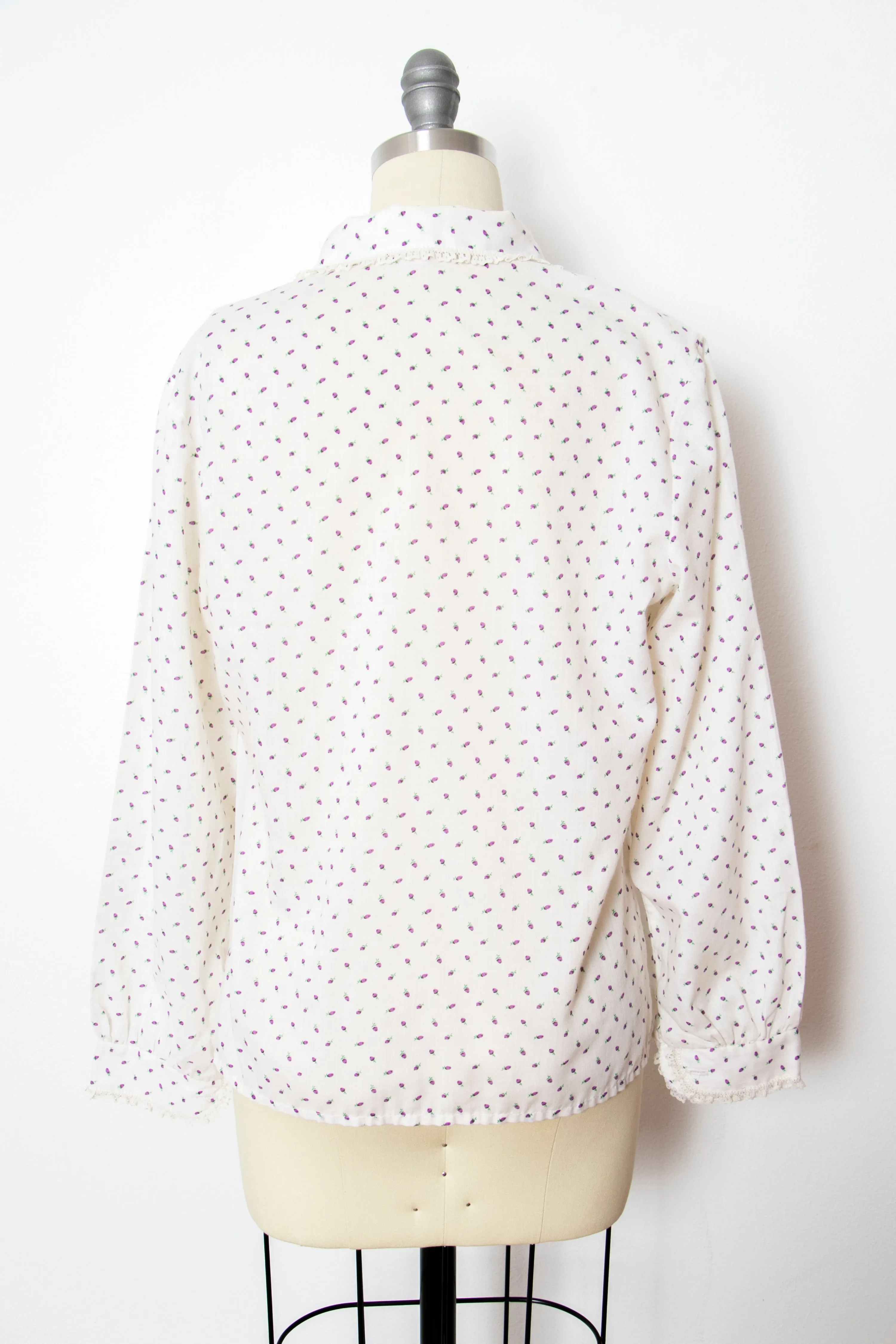 1970s Blouse Cotton Ruffle Floral Top S