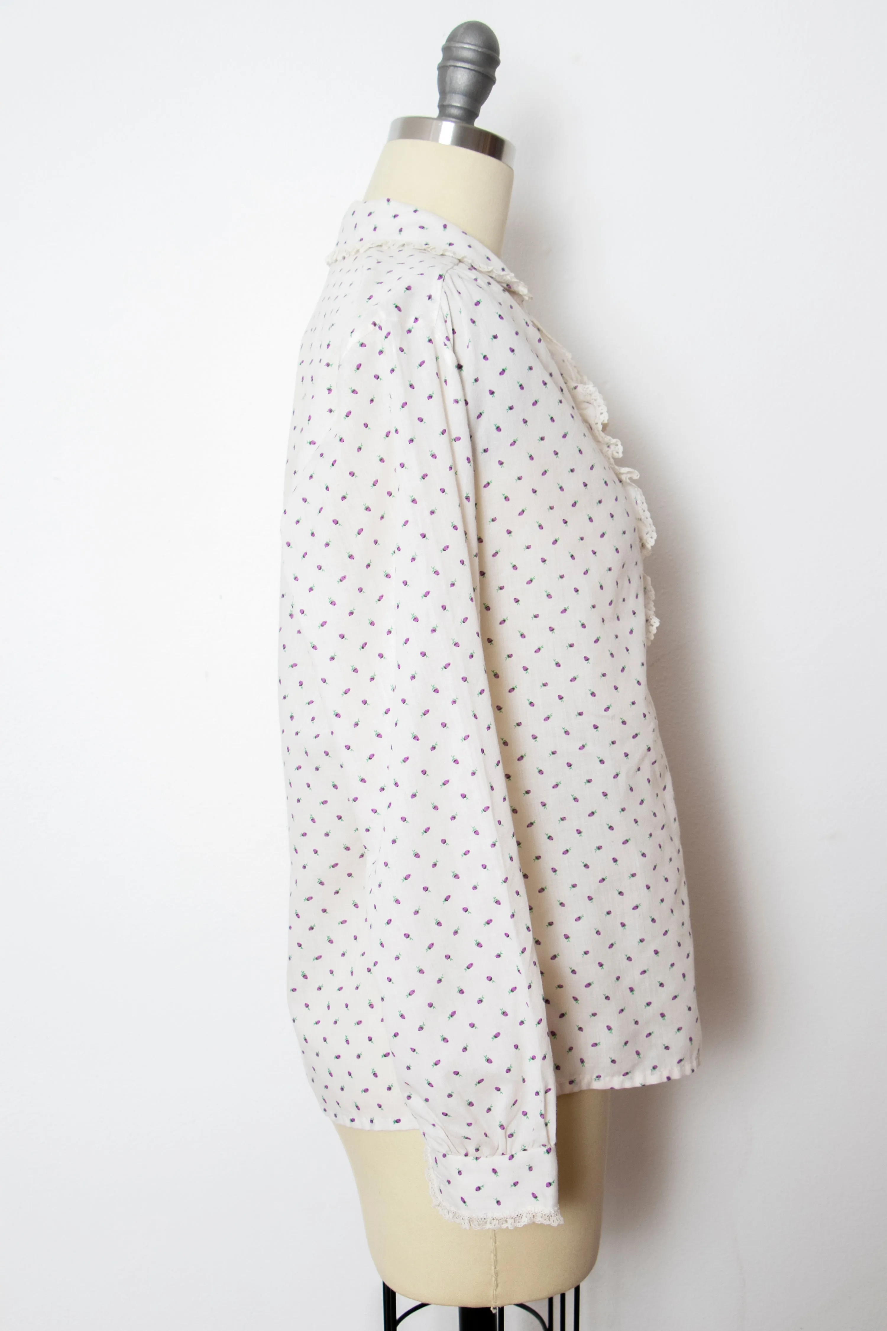 1970s Blouse Cotton Ruffle Floral Top S