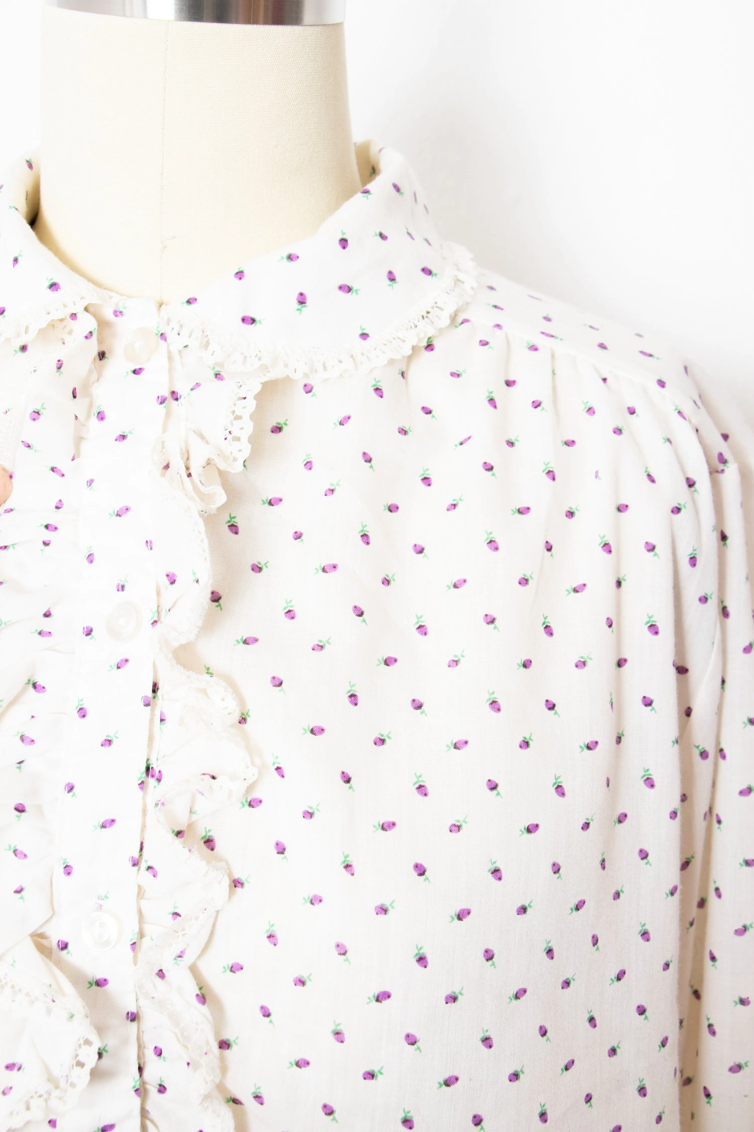 1970s Blouse Cotton Ruffle Floral Top S