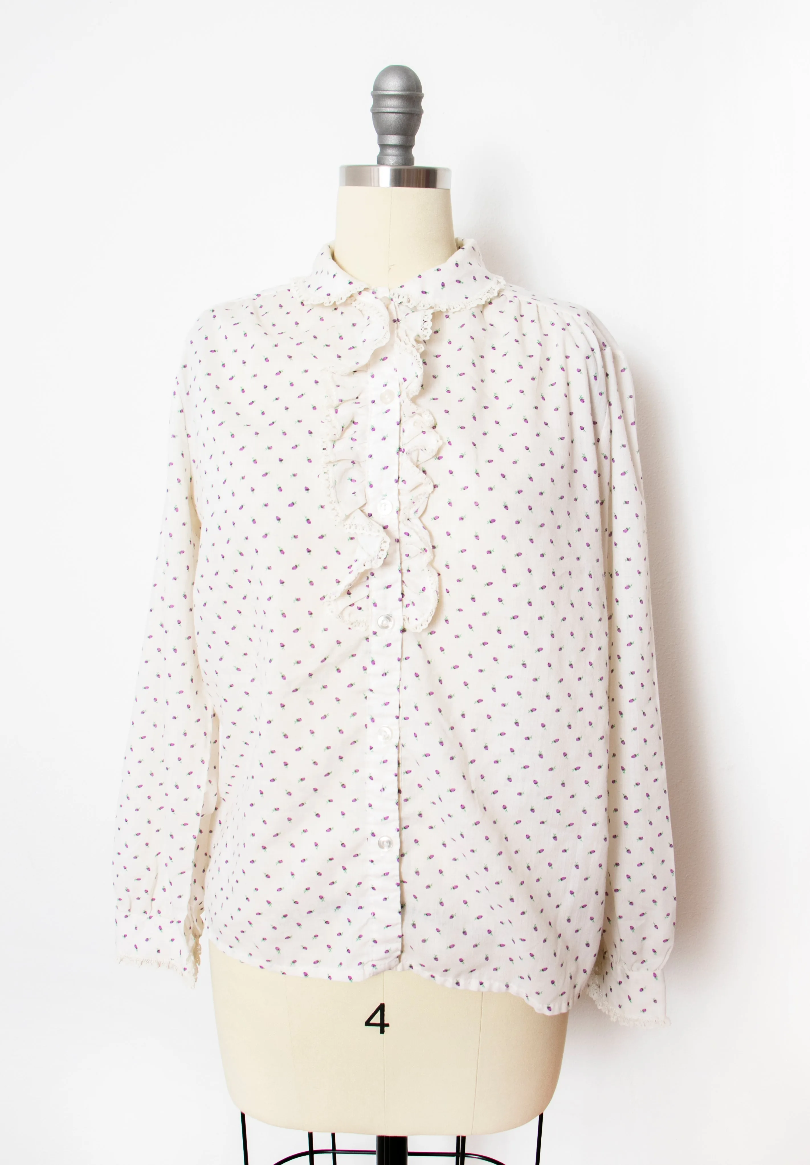1970s Blouse Cotton Ruffle Floral Top S