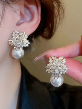 1pair Rhinestone & Faux Pearl Flower Shaped Earrings Suitable For Daily Wear Elegant