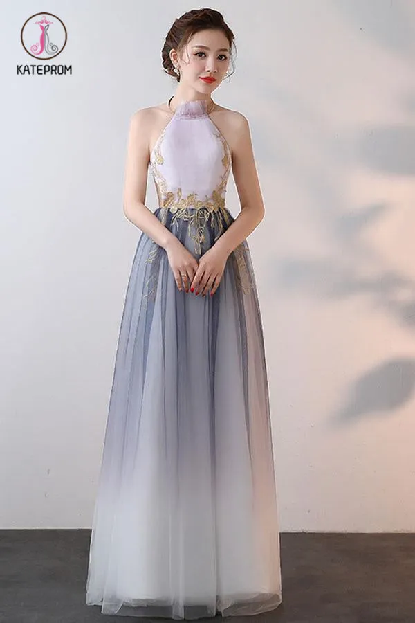 A-line Halter Tulle Prom Dresses With Applique, Ombre Sexy Backless Formal Dresses KPP0527