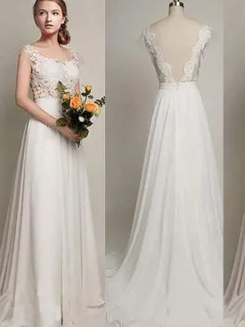 A-Line/Princess Scoop Sweep/Brush Train Chiffon V-Back Wedding Dress OW260