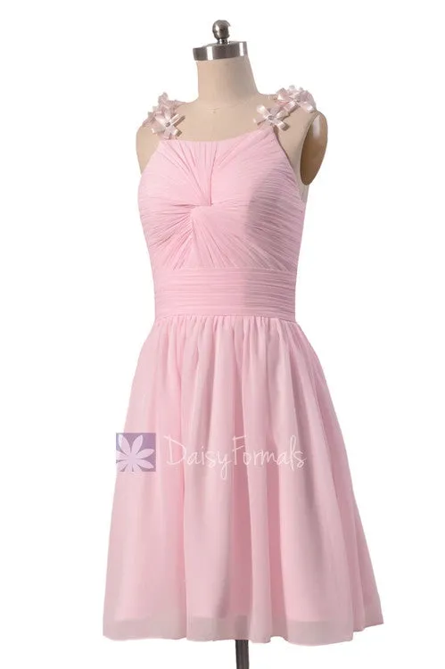 Adorable Pink Chiffon Junior Bridesmaid Dress Knee Length Junior Dress W/Floral Straps(BM1437)