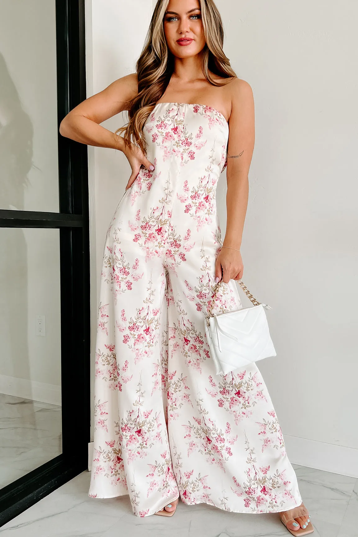 Always Enticing Strapless Satin Floral Jumpsuit (Ivory Pink)