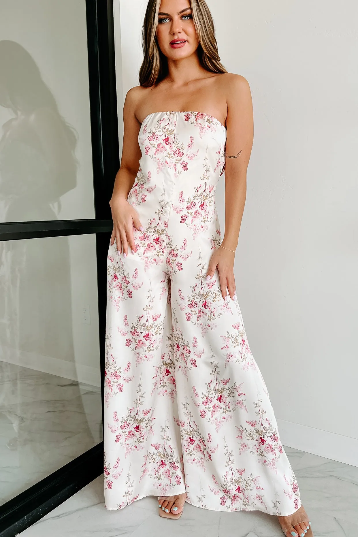 Always Enticing Strapless Satin Floral Jumpsuit (Ivory Pink)