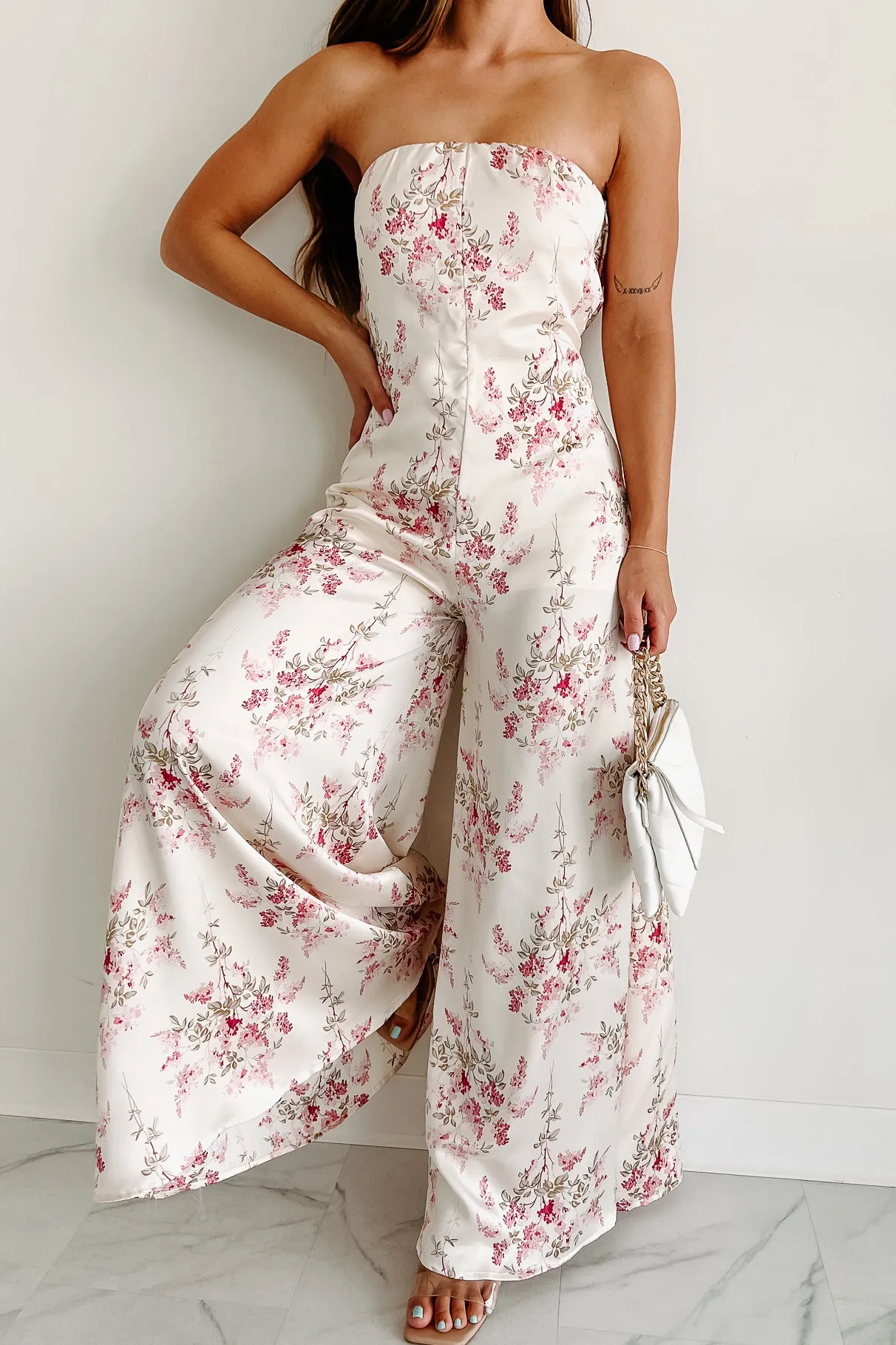 Always Enticing Strapless Satin Floral Jumpsuit (Ivory Pink)