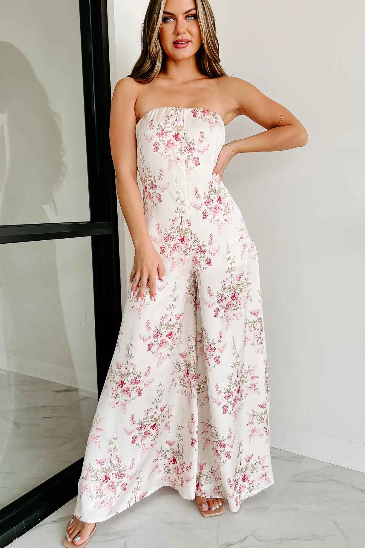 Always Enticing Strapless Satin Floral Jumpsuit (Ivory Pink)