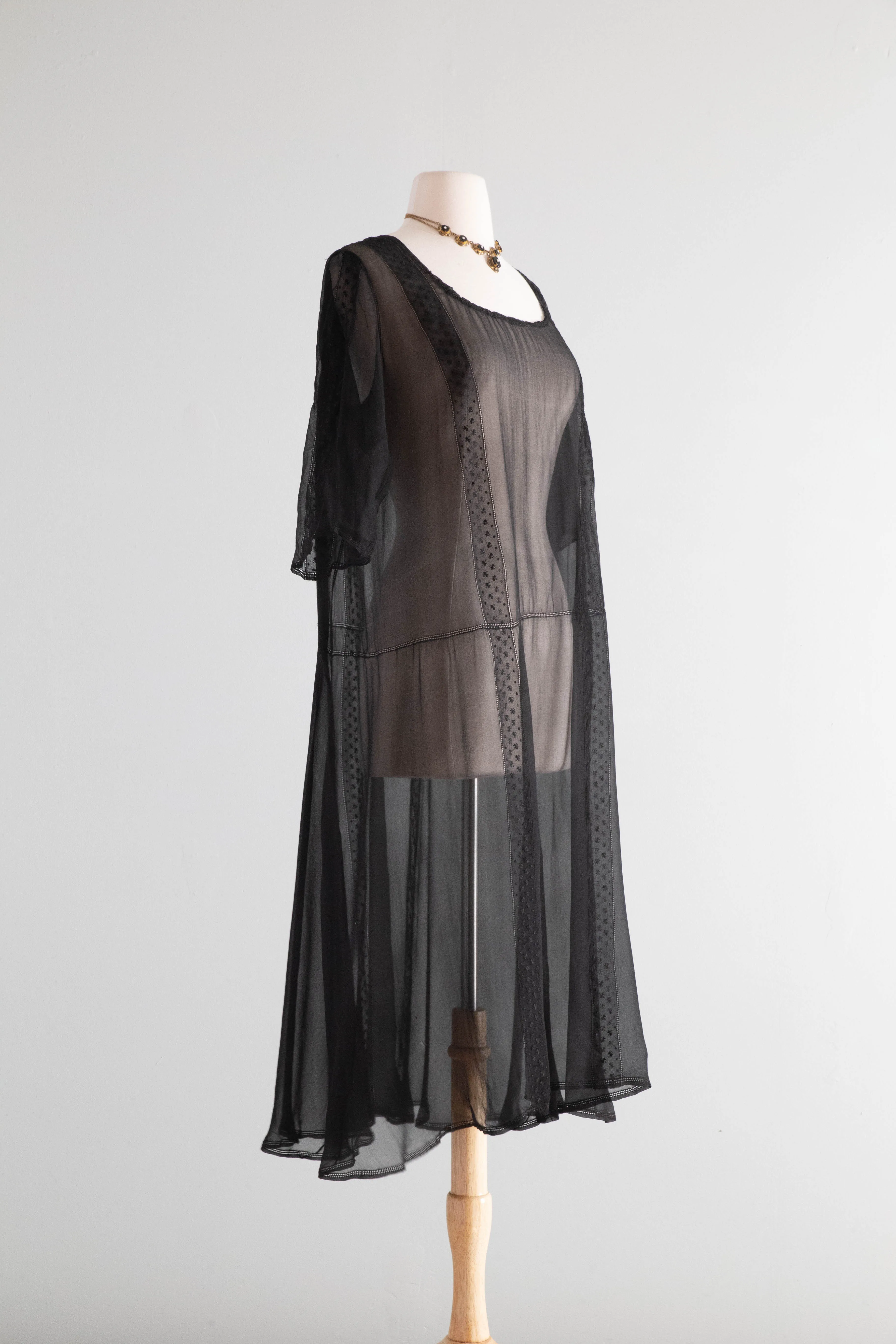 Antique 1920's Sheer Black Silk Chiffon Dress / ML
