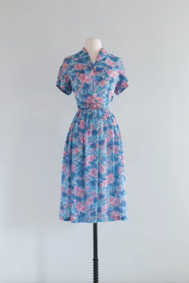 Beautiful 1950's Pink & Blue Floral Print Day Dress / ML