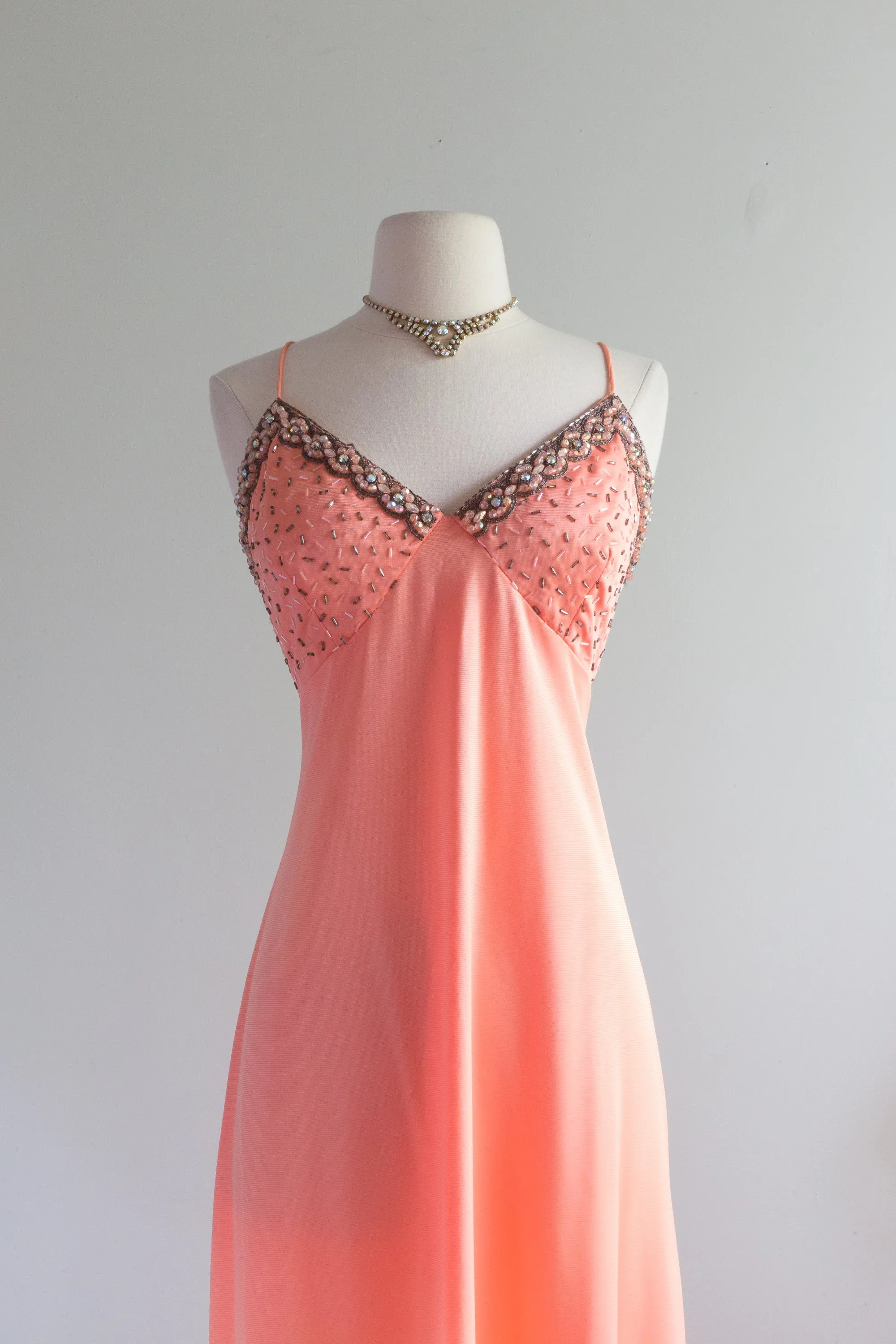 Beautiful 1970's Peaches n' Cream Beaded Evening Gown By Jack Bryan / ML