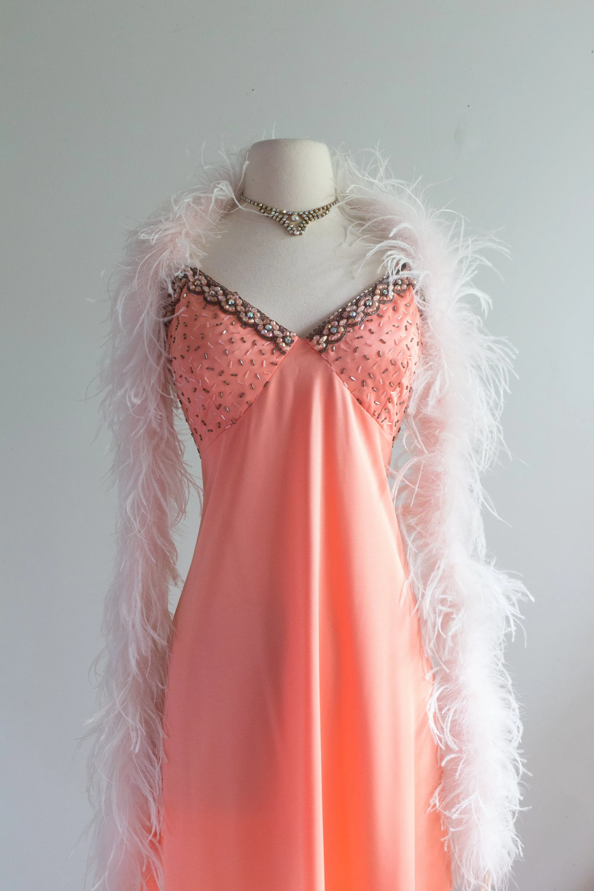 Beautiful 1970's Peaches n' Cream Beaded Evening Gown By Jack Bryan / ML