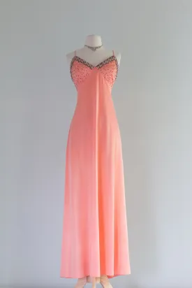 Beautiful 1970's Peaches n' Cream Beaded Evening Gown By Jack Bryan / ML