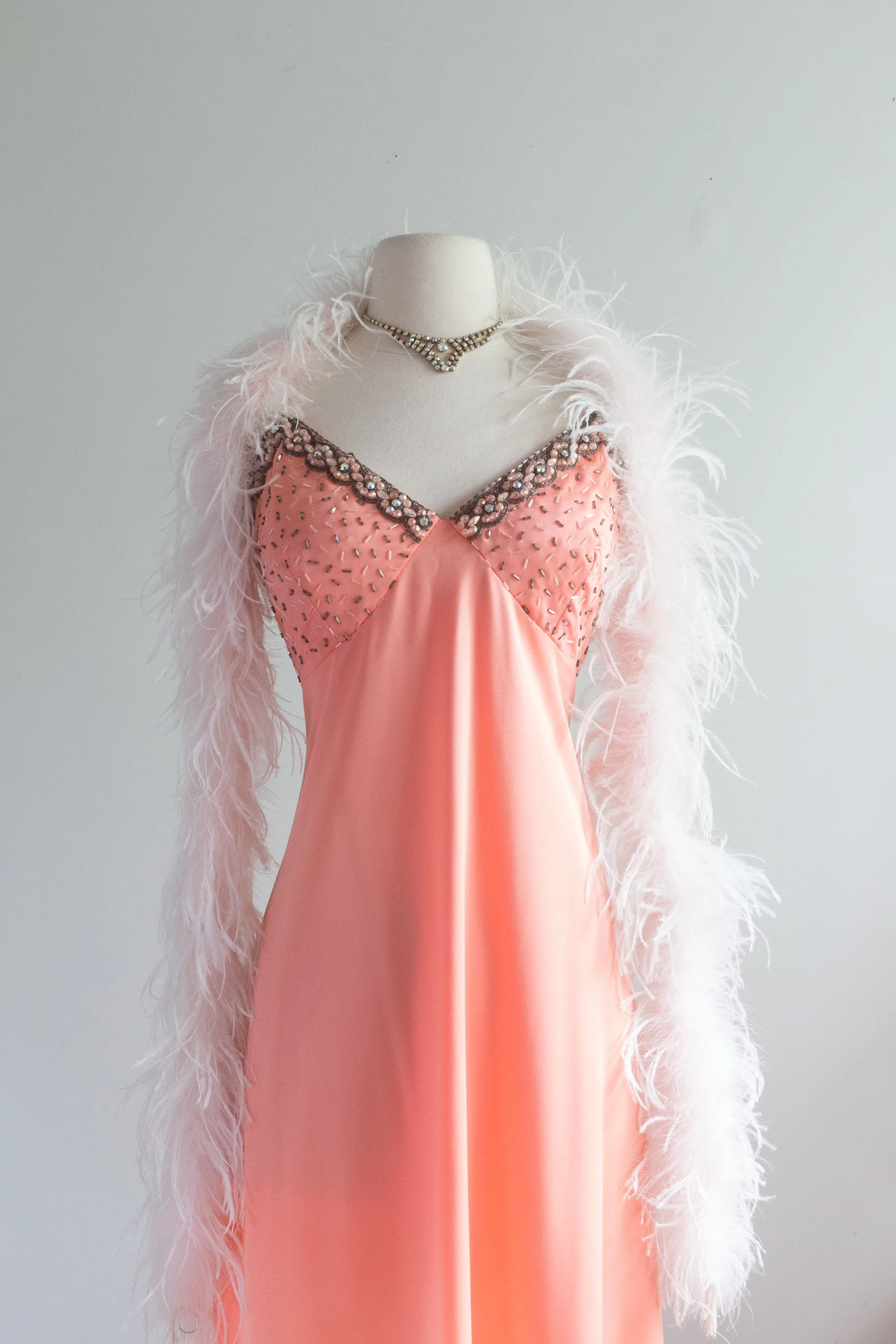 Beautiful 1970's Peaches n' Cream Beaded Evening Gown By Jack Bryan / ML