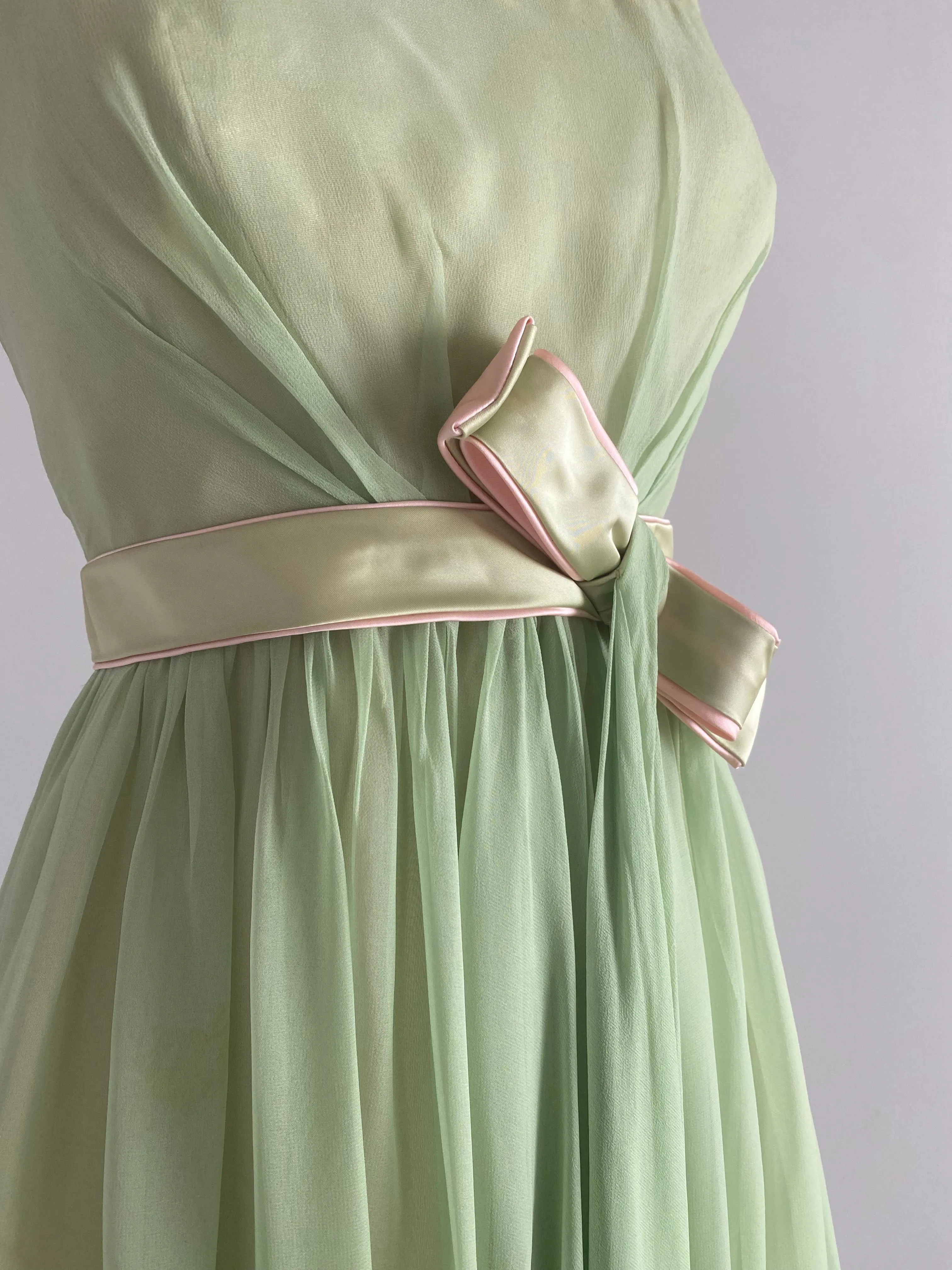 Beautiful Early 1960's Touch Of Pink Green Chiffon Party Dress / Medium
