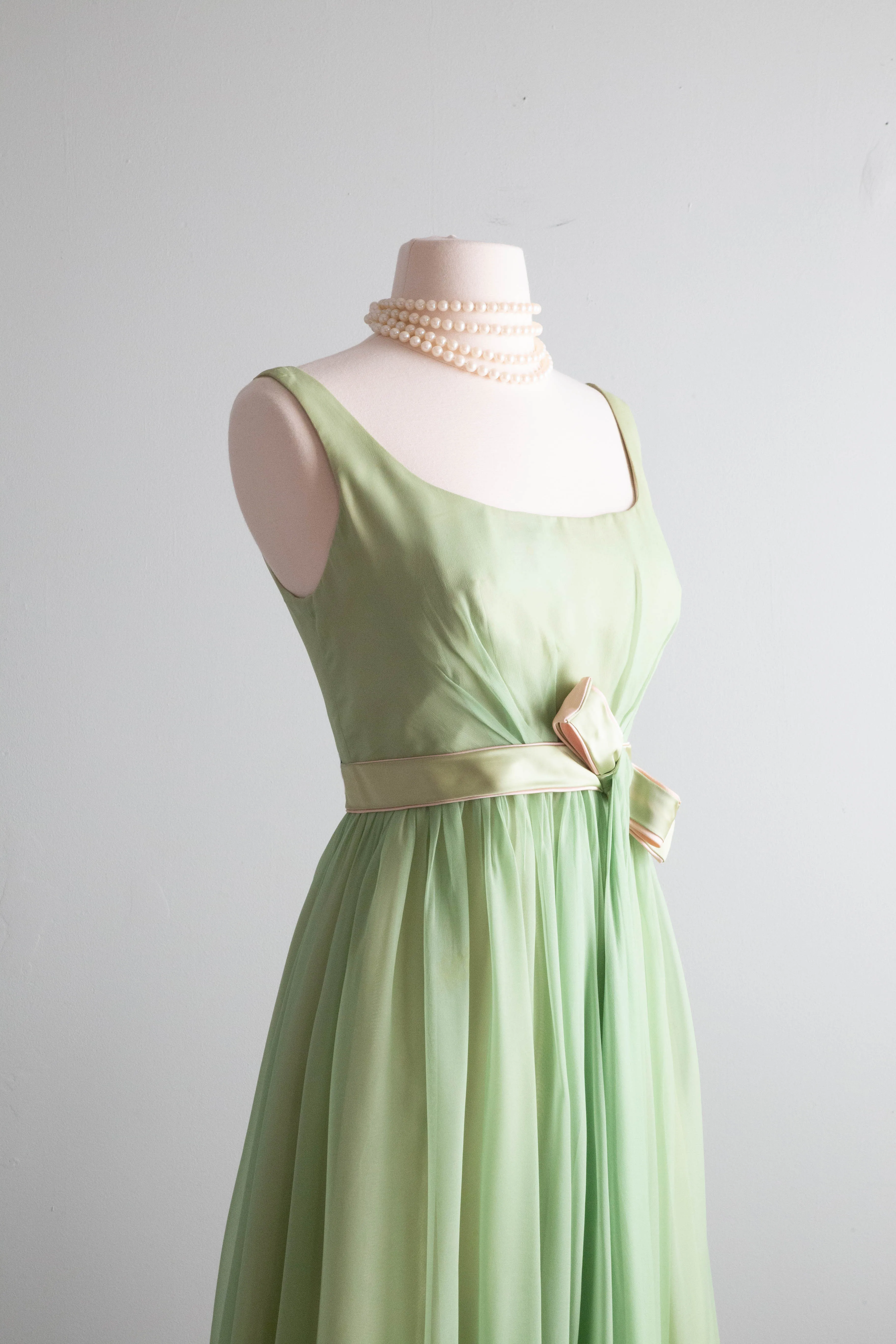 Beautiful Early 1960's Touch Of Pink Green Chiffon Party Dress / Medium