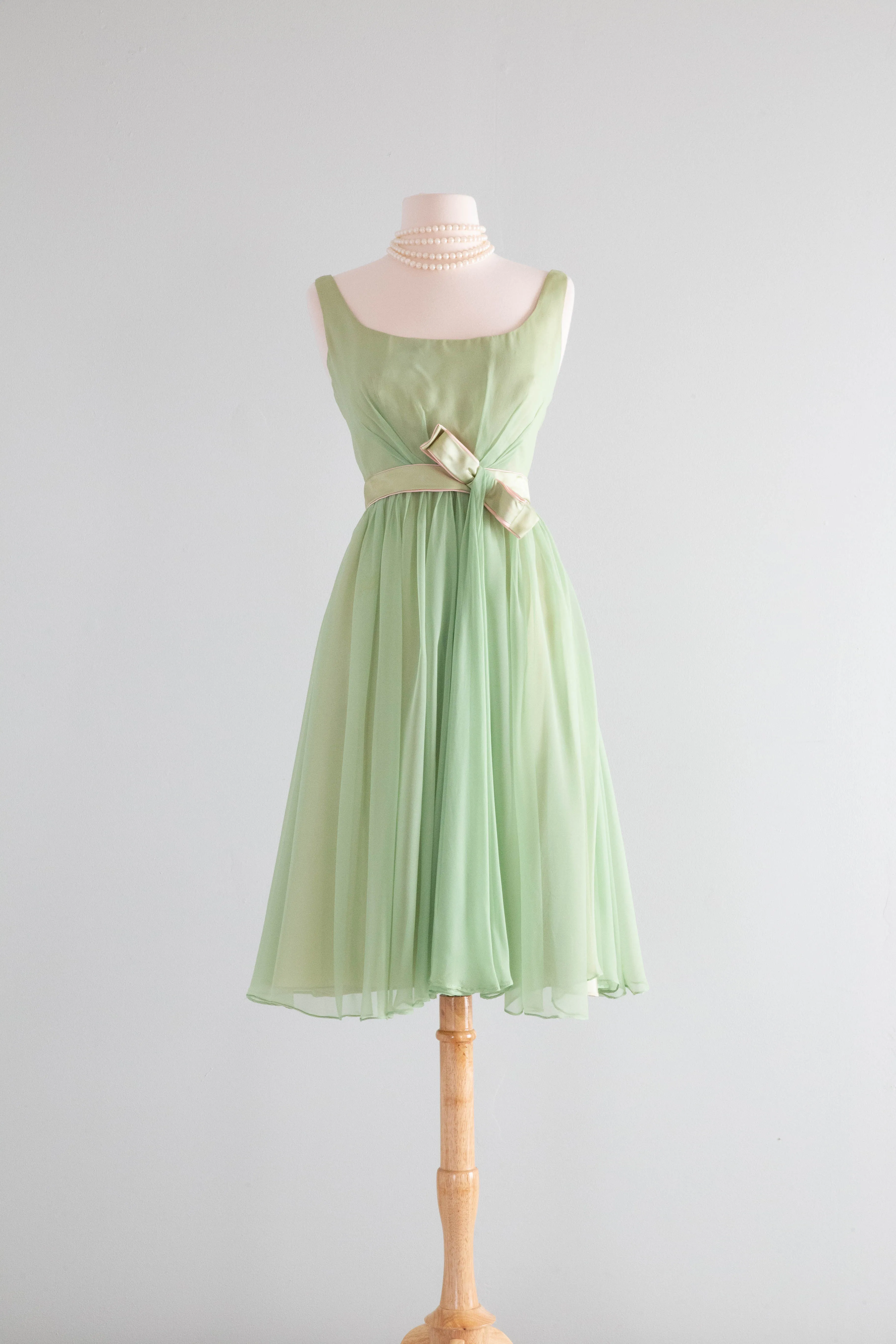 Beautiful Early 1960's Touch Of Pink Green Chiffon Party Dress / Medium