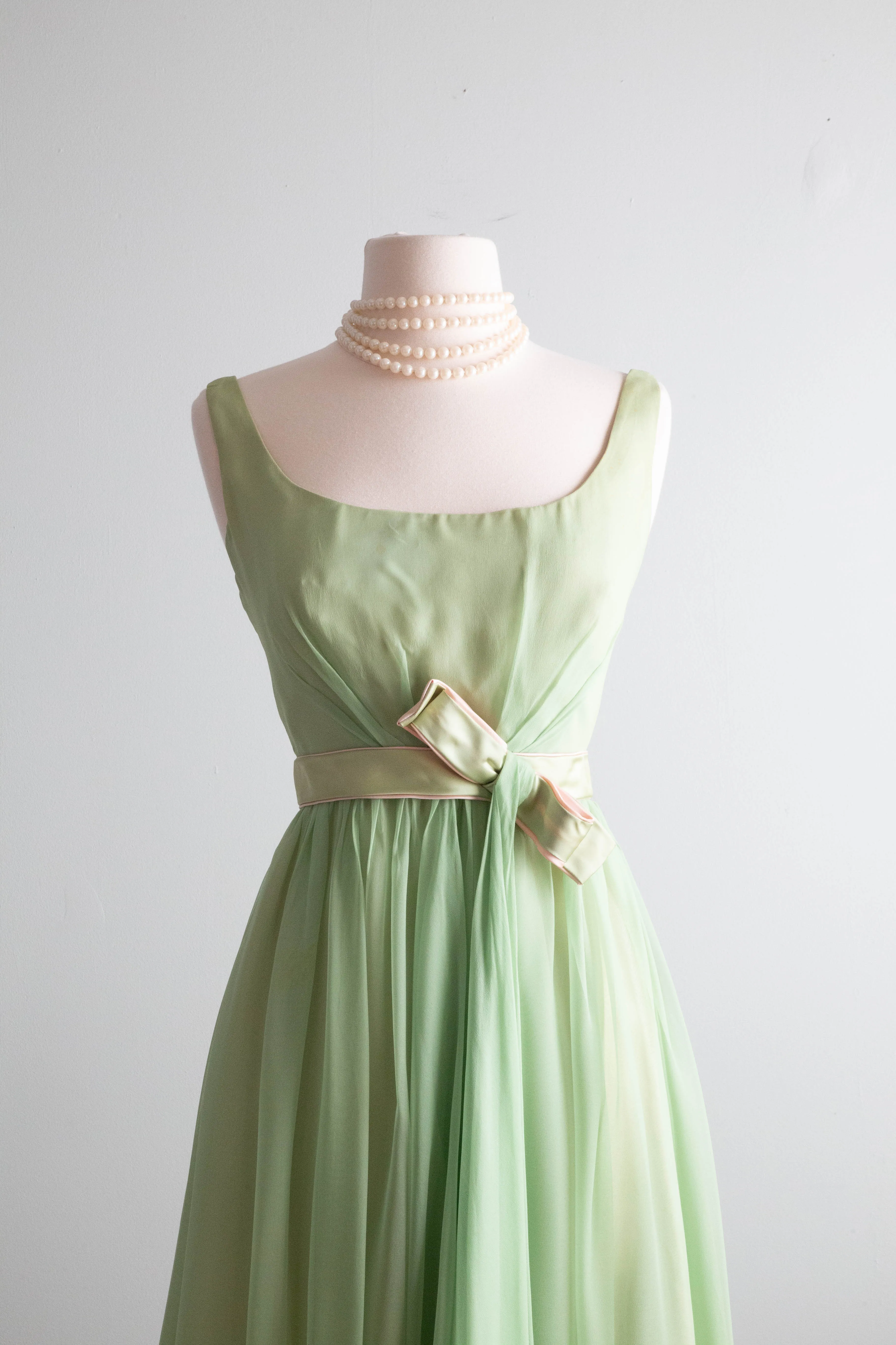 Beautiful Early 1960's Touch Of Pink Green Chiffon Party Dress / Medium