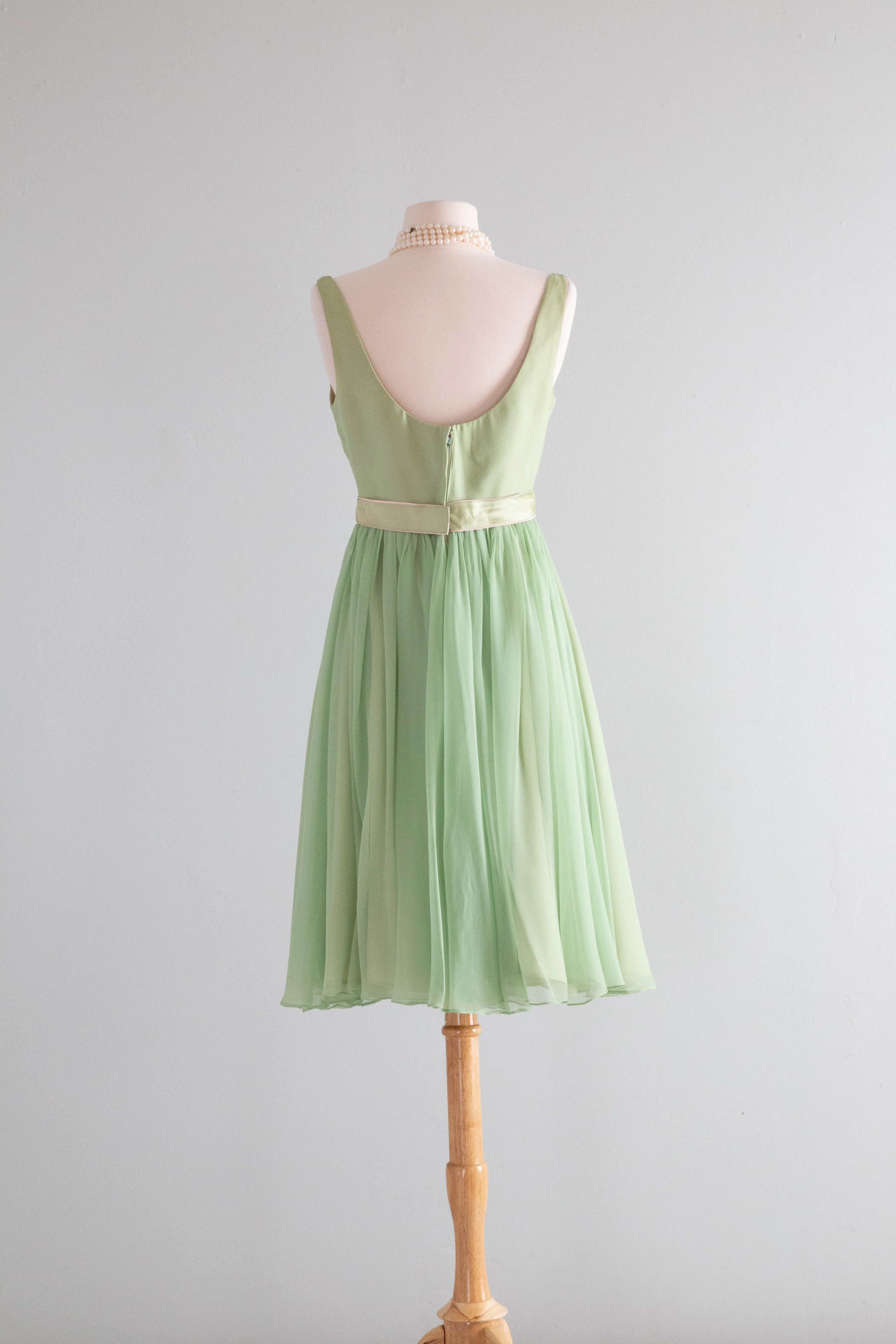 Beautiful Early 1960's Touch Of Pink Green Chiffon Party Dress / Medium