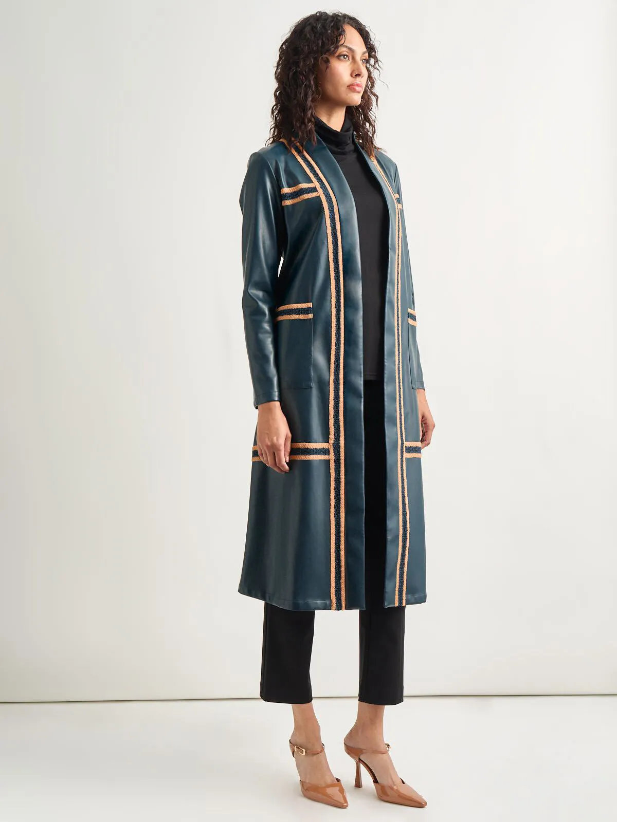 Belted Long Vegan Leather Jacket
