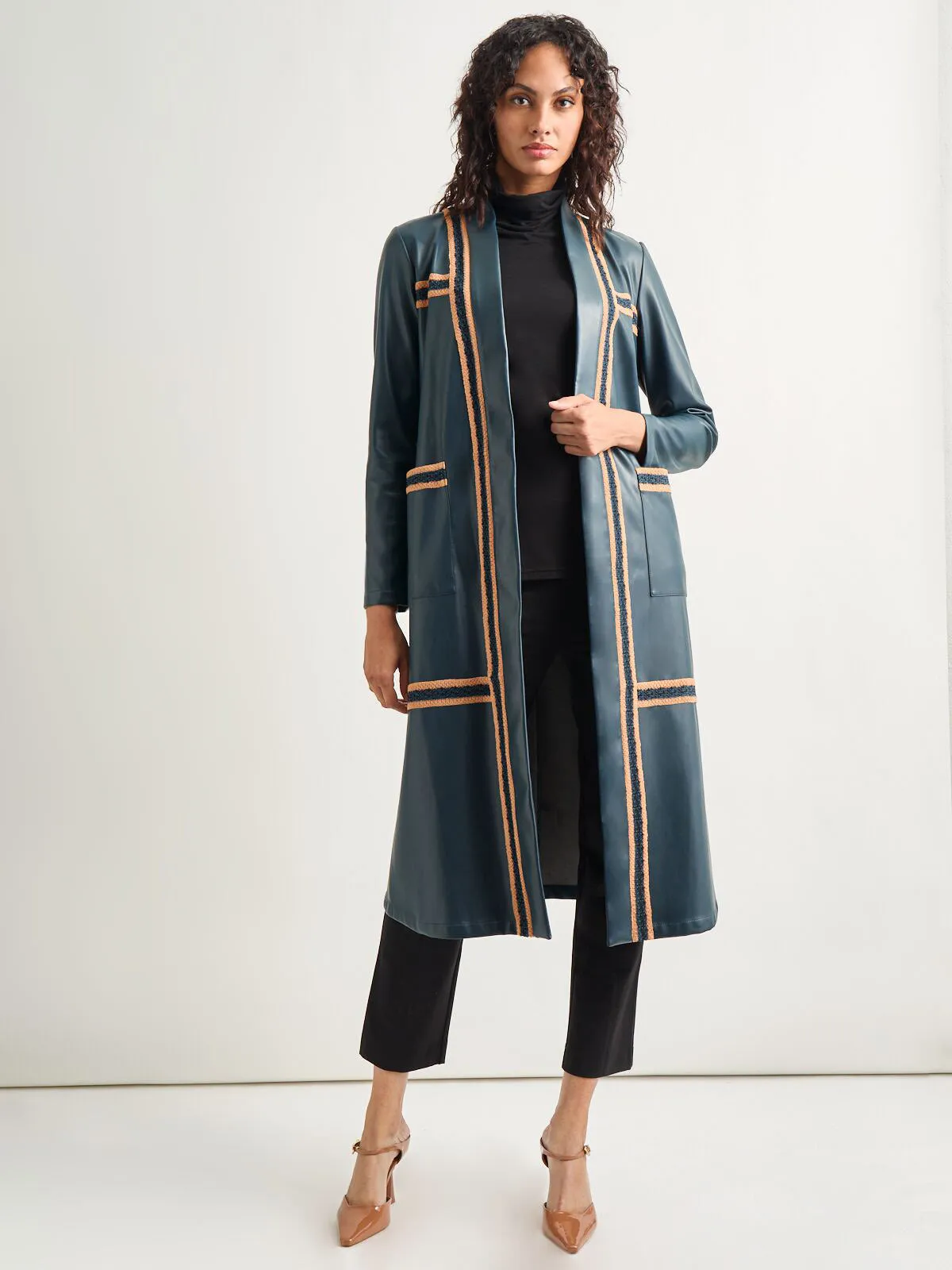Belted Long Vegan Leather Jacket
