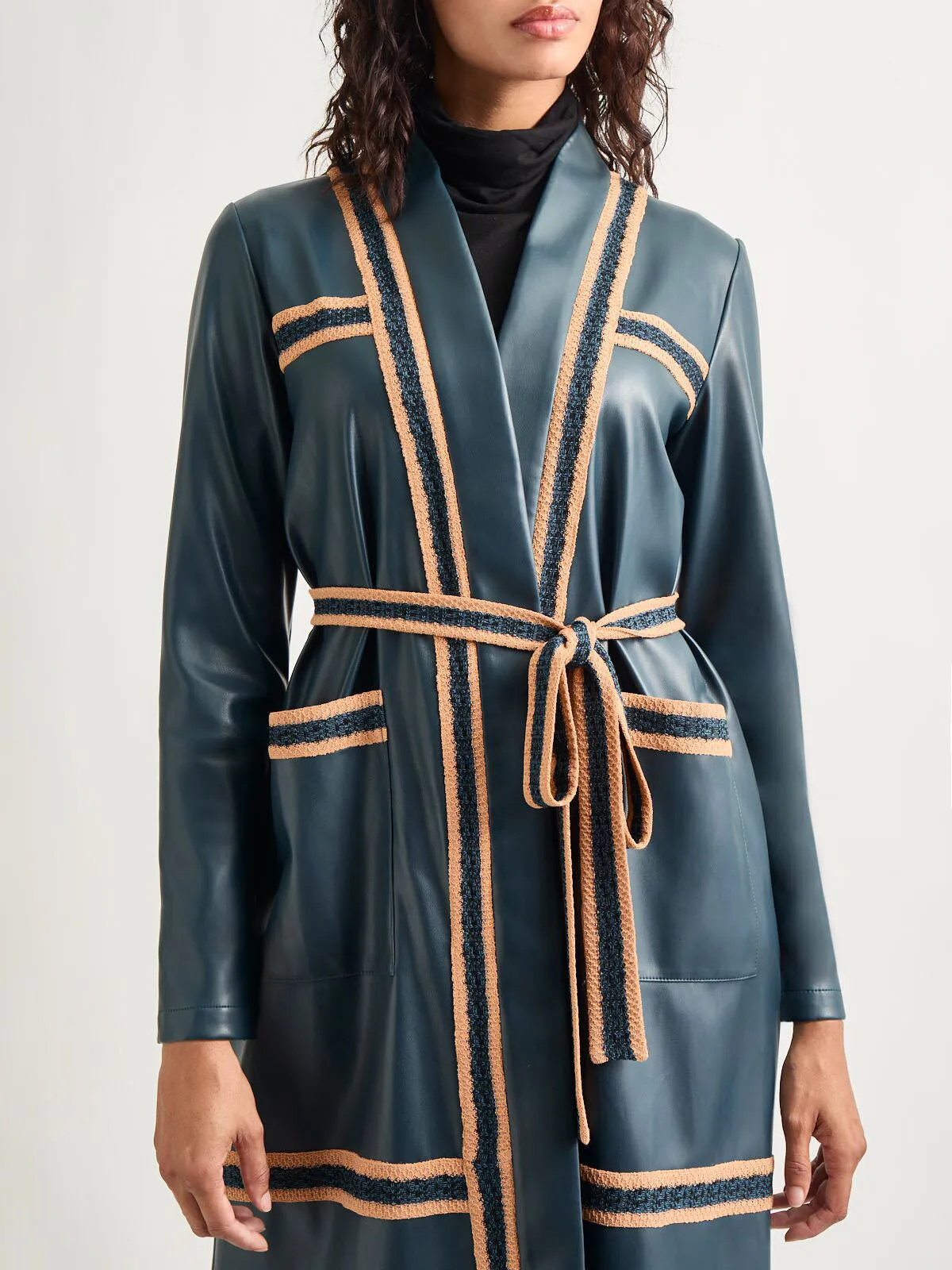Belted Long Vegan Leather Jacket