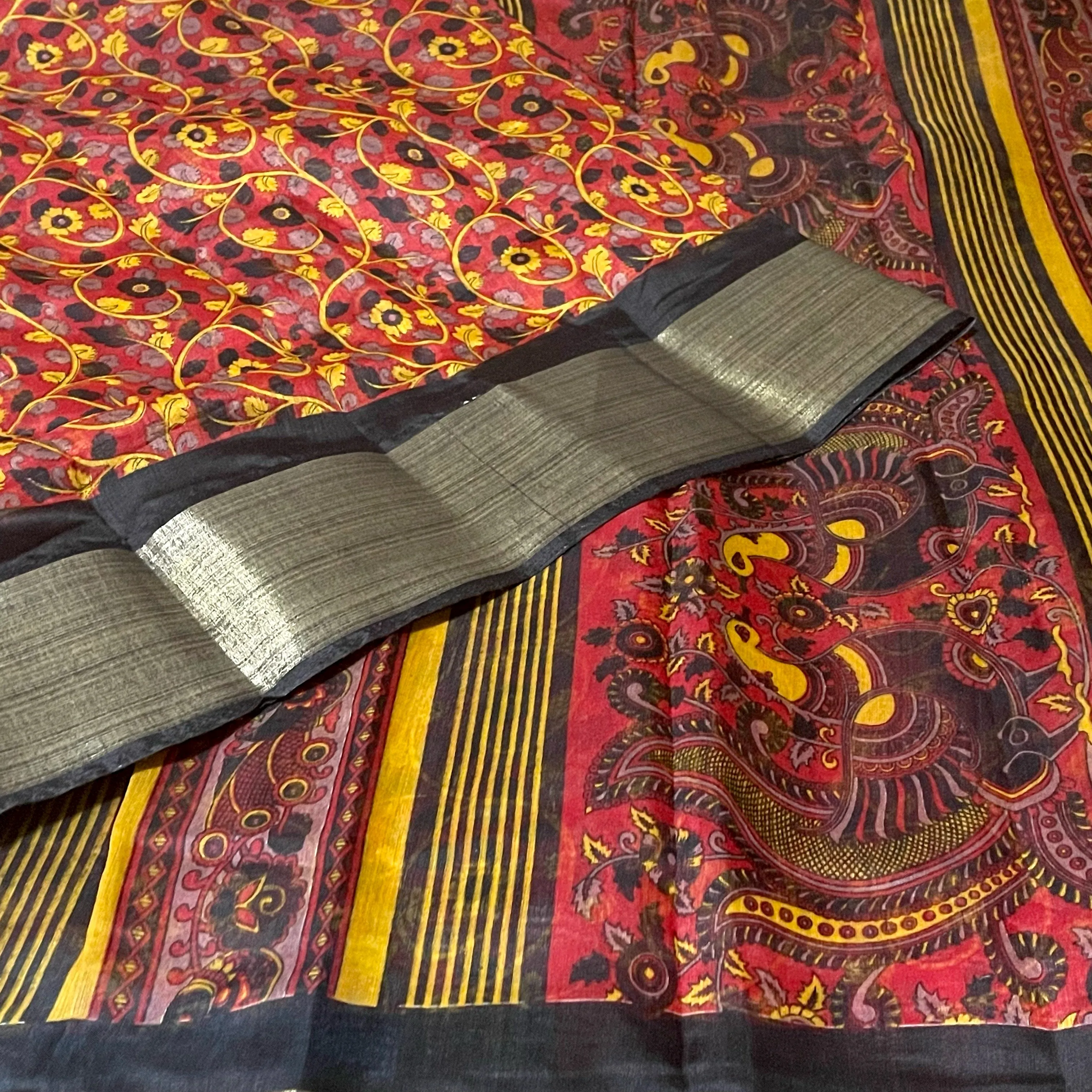 Black & Red Soft Jute Cotton Kalamkari Saree with Stitched Blouse