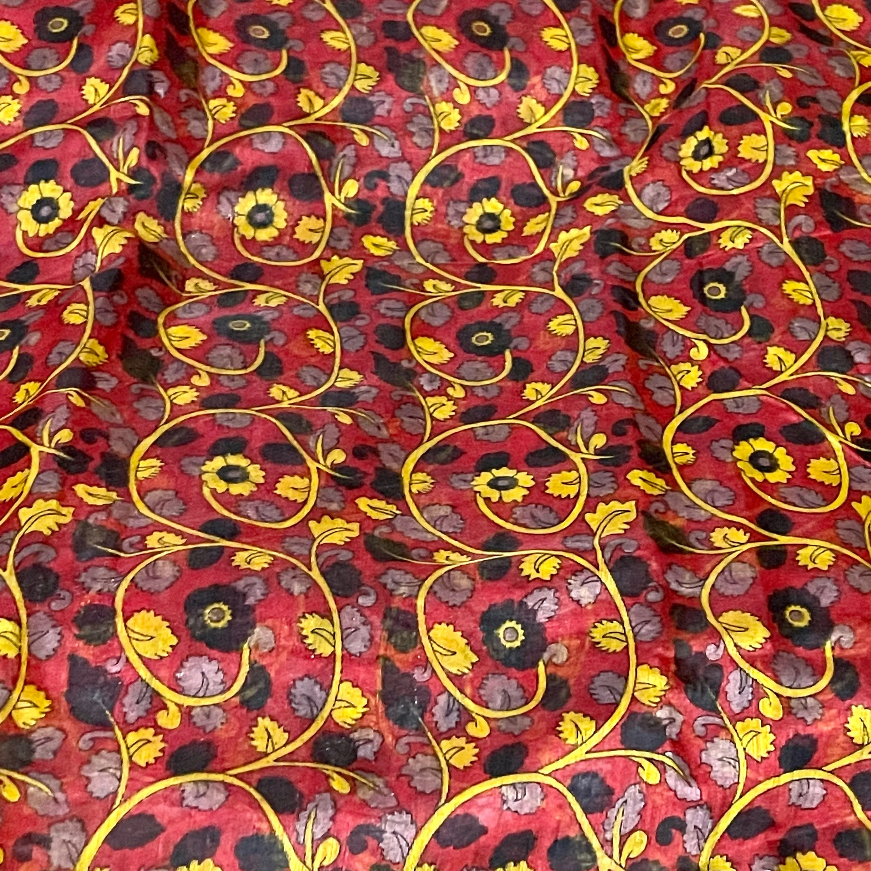 Black & Red Soft Jute Cotton Kalamkari Saree with Stitched Blouse