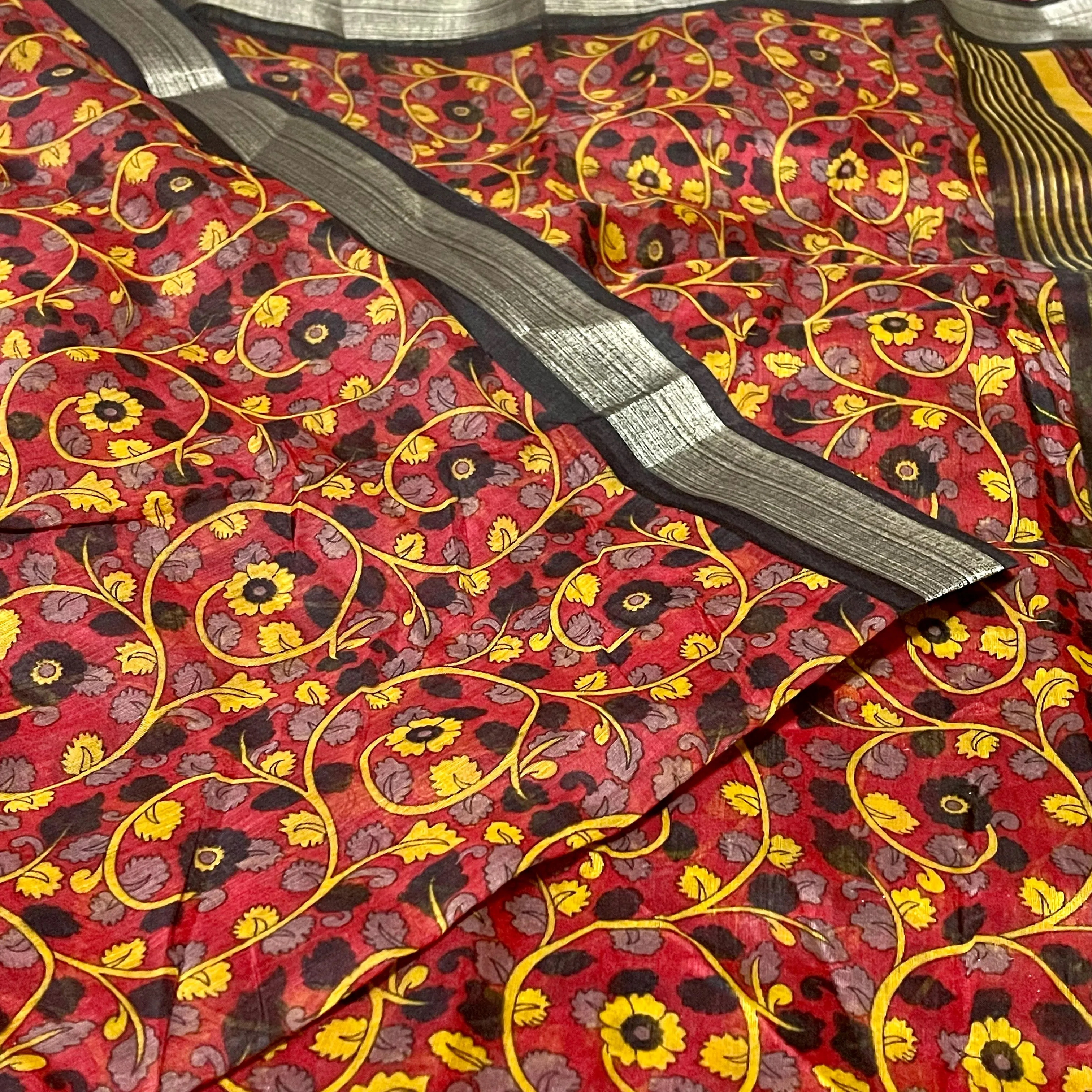 Black & Red Soft Jute Cotton Kalamkari Saree with Stitched Blouse