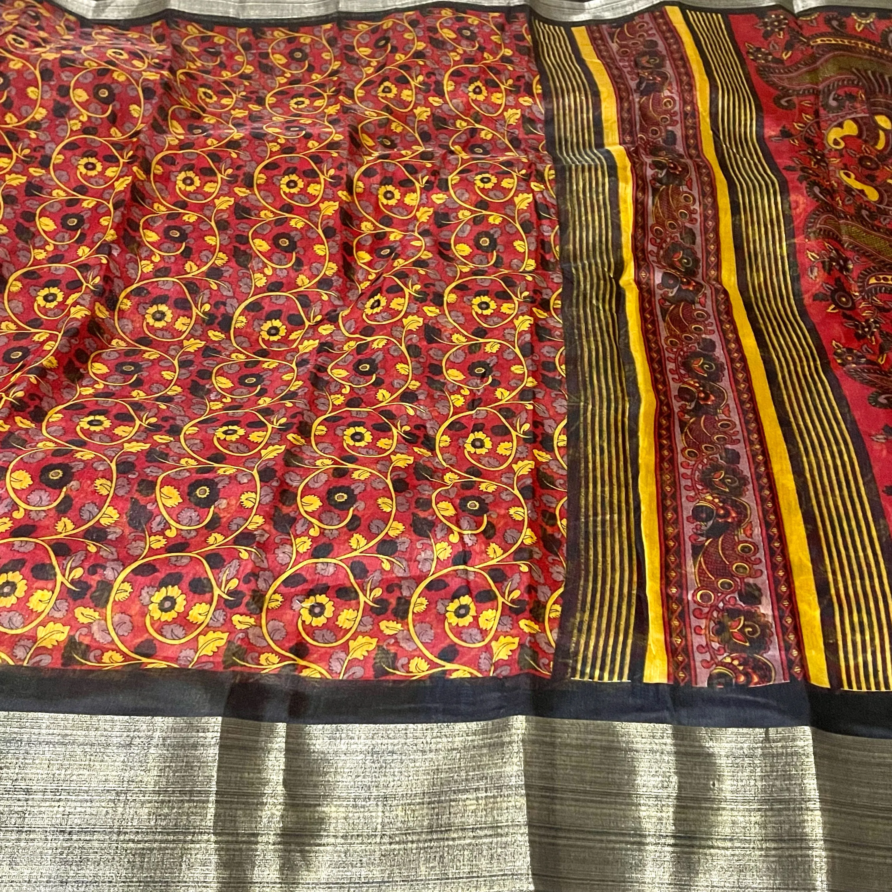 Black & Red Soft Jute Cotton Kalamkari Saree with Stitched Blouse
