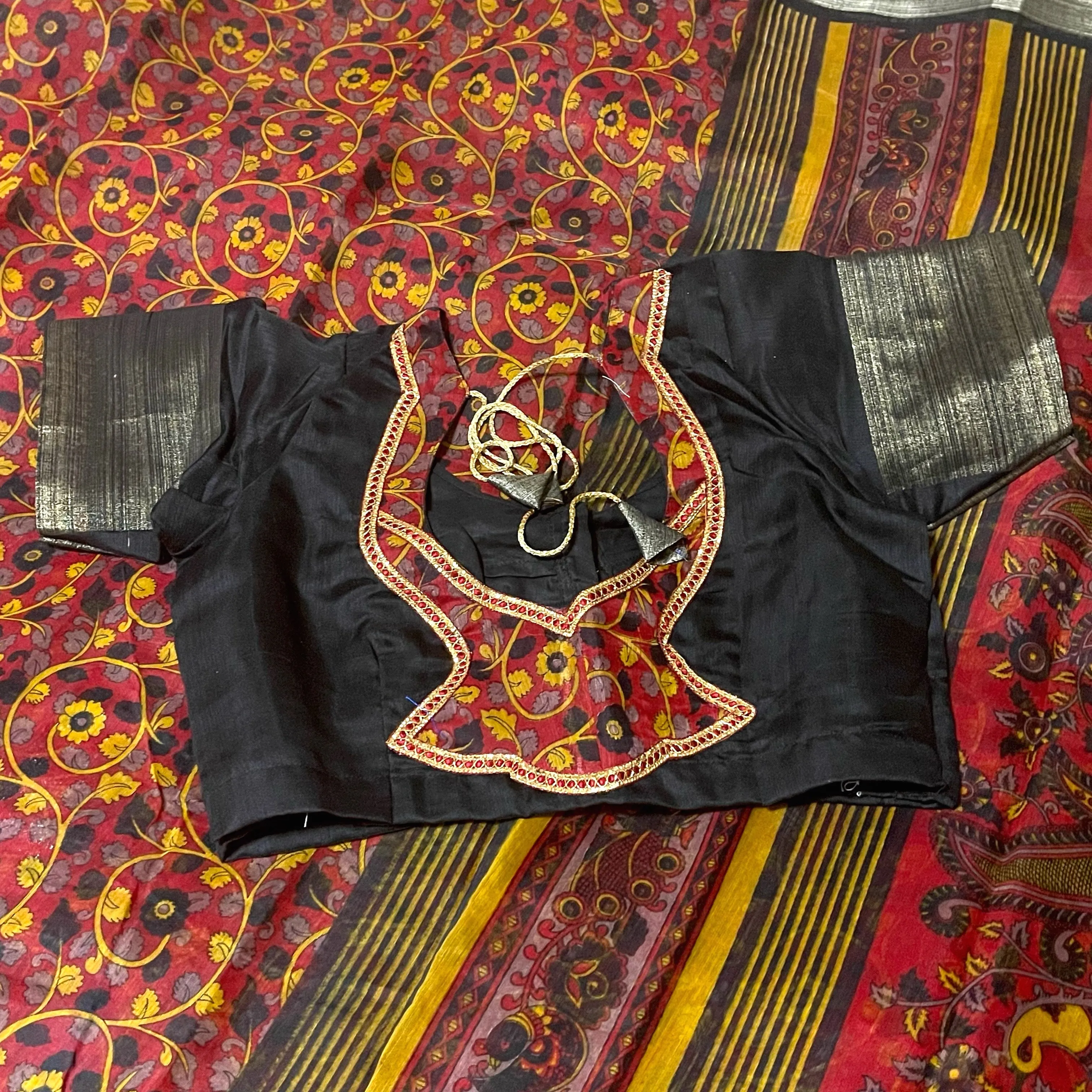 Black & Red Soft Jute Cotton Kalamkari Saree with Stitched Blouse