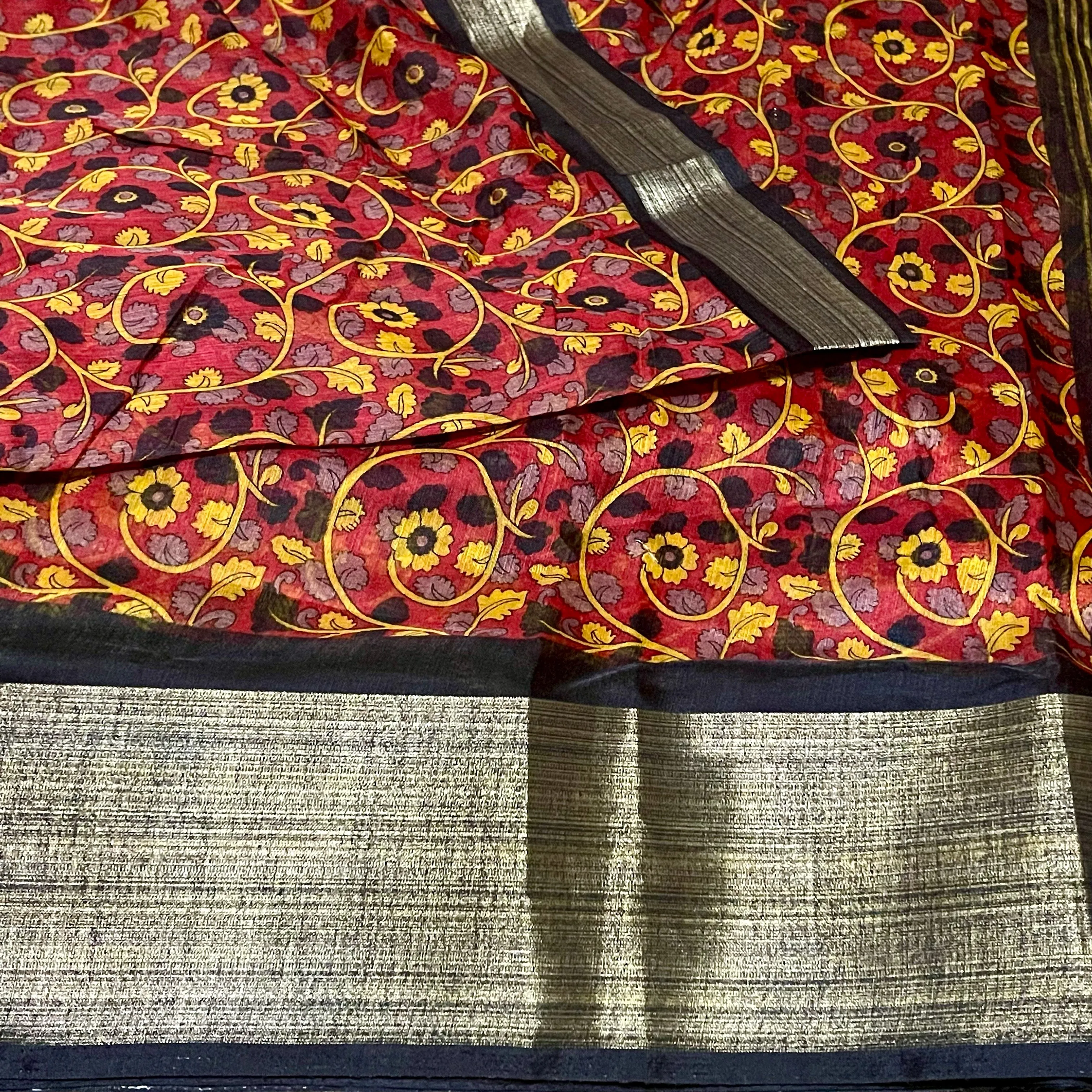 Black & Red Soft Jute Cotton Kalamkari Saree with Stitched Blouse