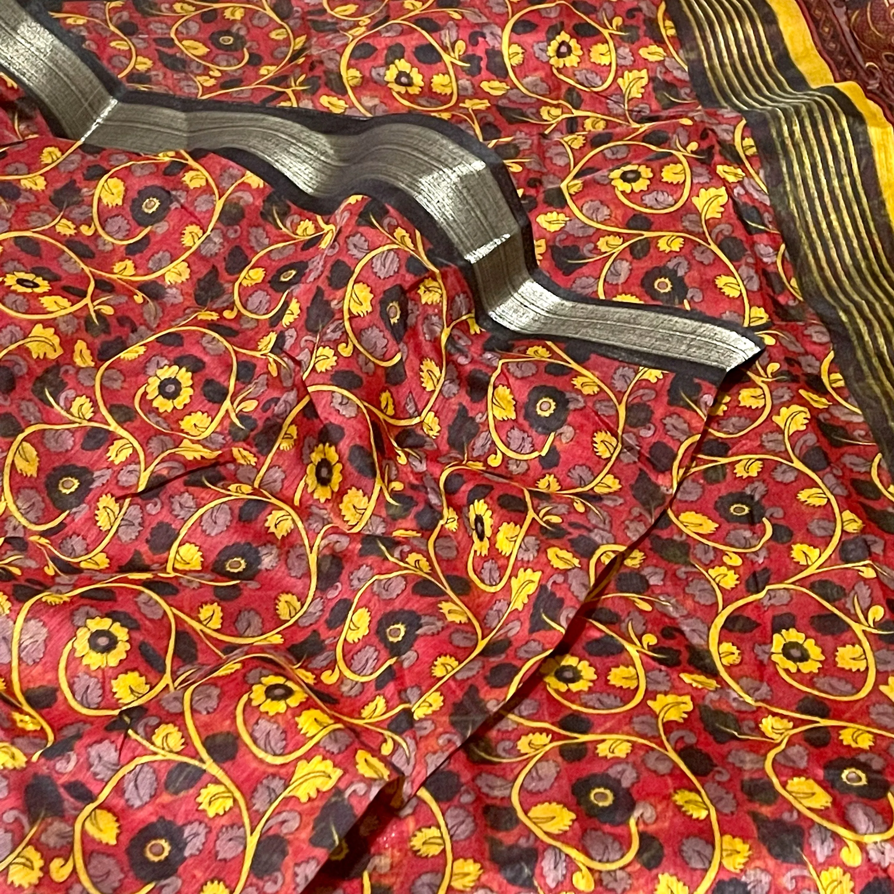 Black & Red Soft Jute Cotton Kalamkari Saree with Stitched Blouse