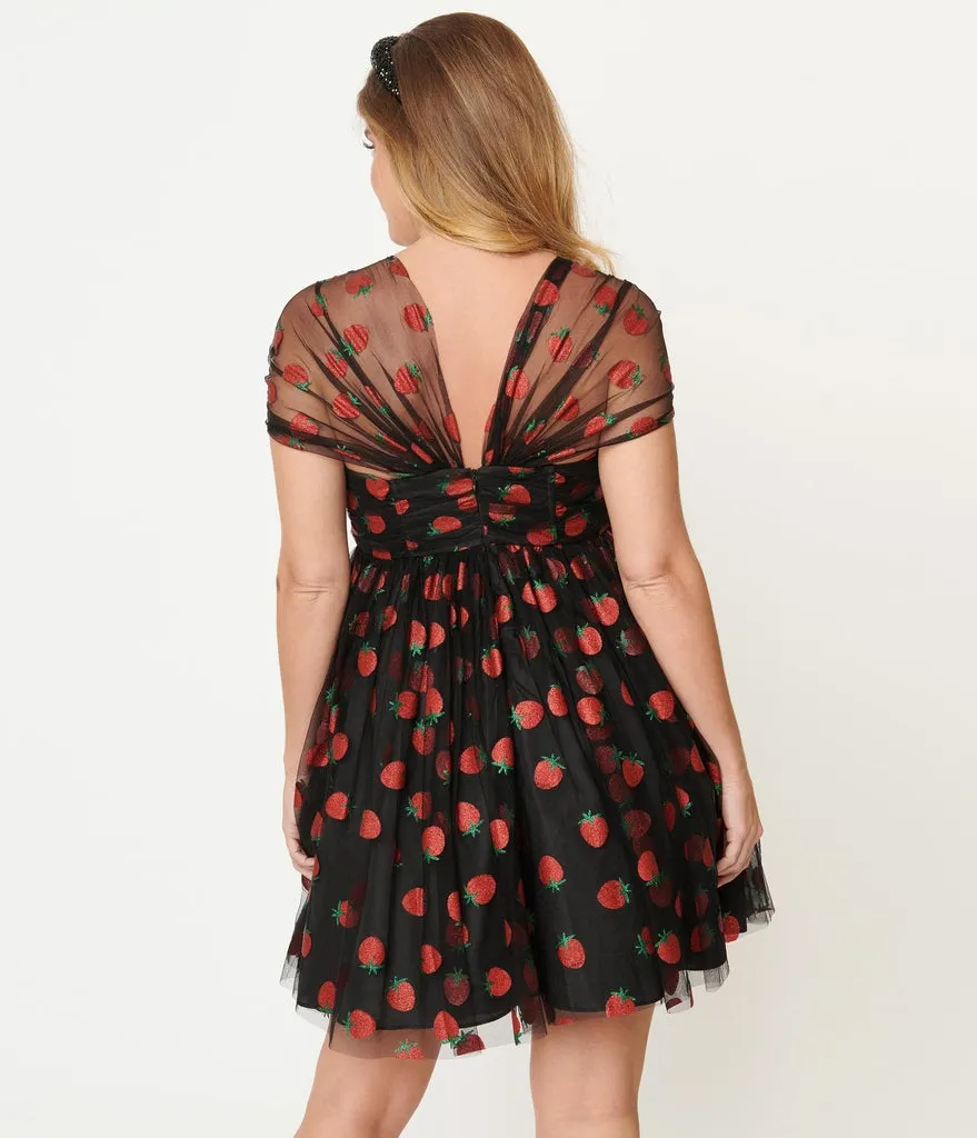 Black and Glitter Strawberry Print Heart and Soul Babydoll Dress