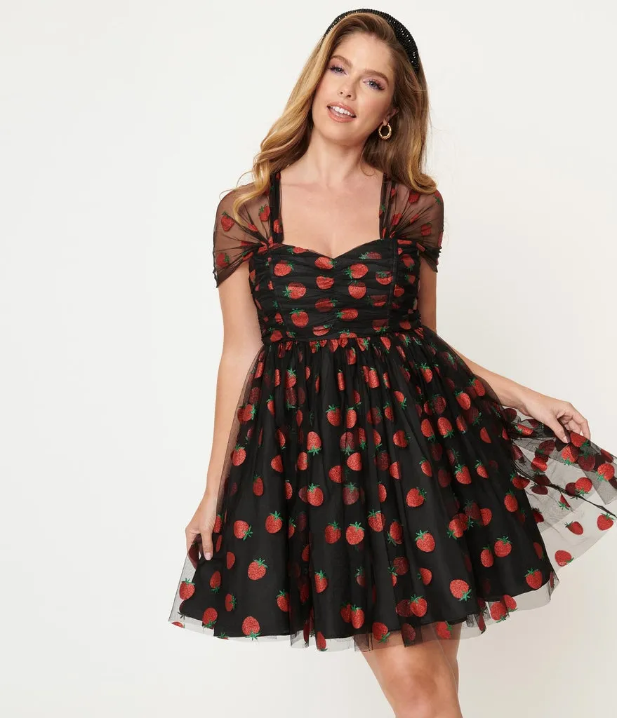 Black and Glitter Strawberry Print Heart and Soul Babydoll Dress