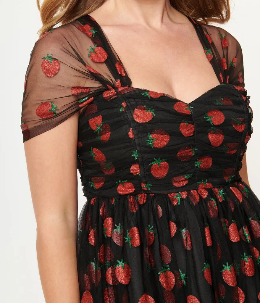 Black and Glitter Strawberry Print Heart and Soul Babydoll Dress