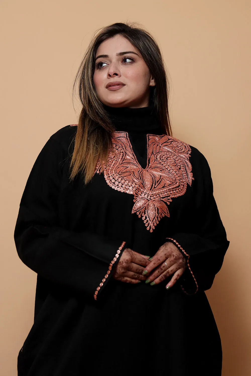Black Color Kashmiri  Work Embroidered Phiran Enriched With Zari Neckline Pattern