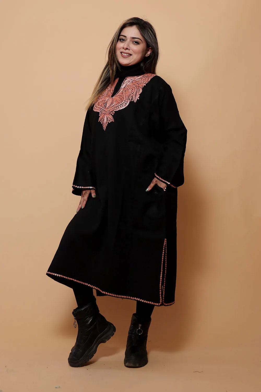 Black Color Kashmiri  Work Embroidered Phiran Enriched With Zari Neckline Pattern