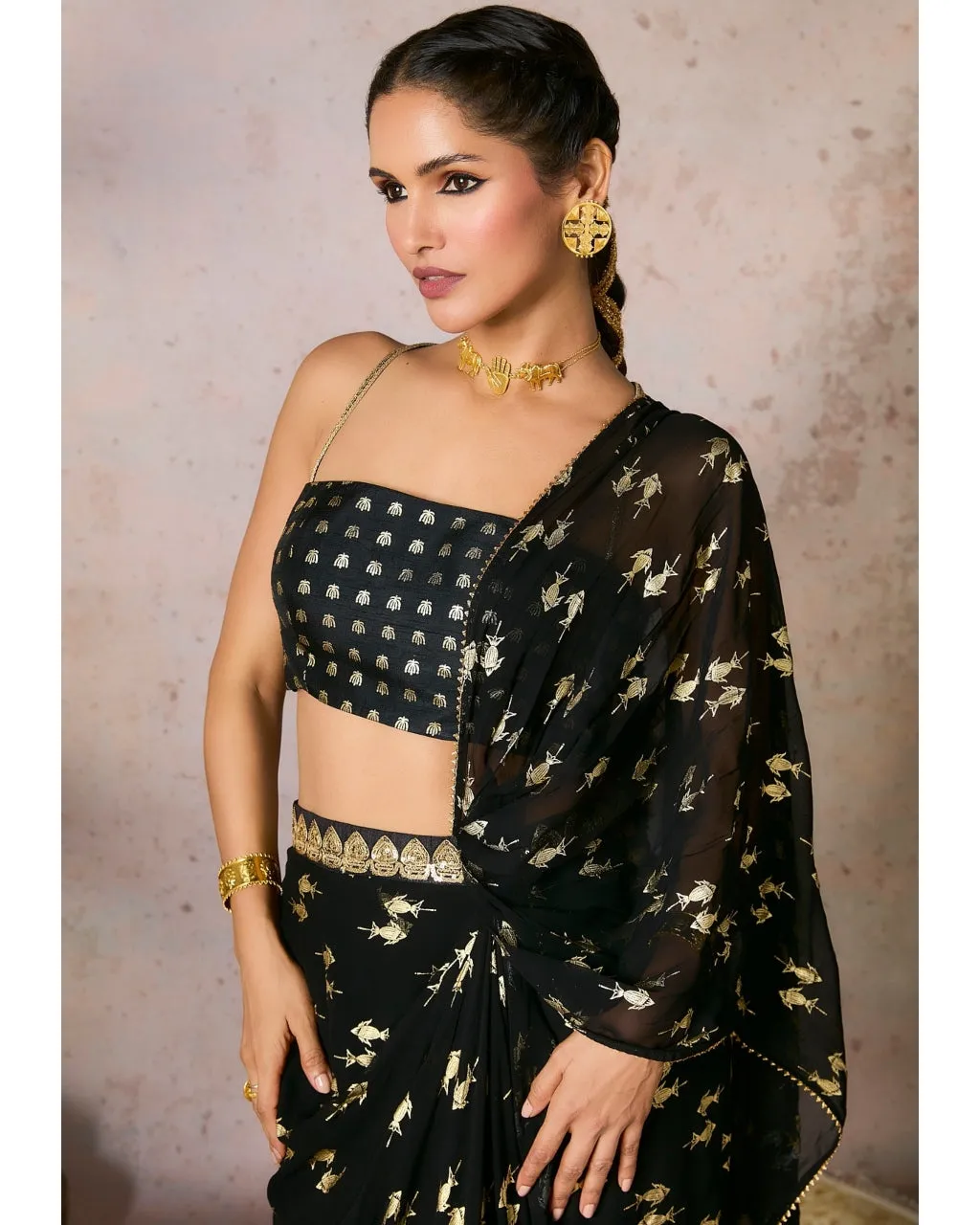 Black Mystic Drape Sari Set