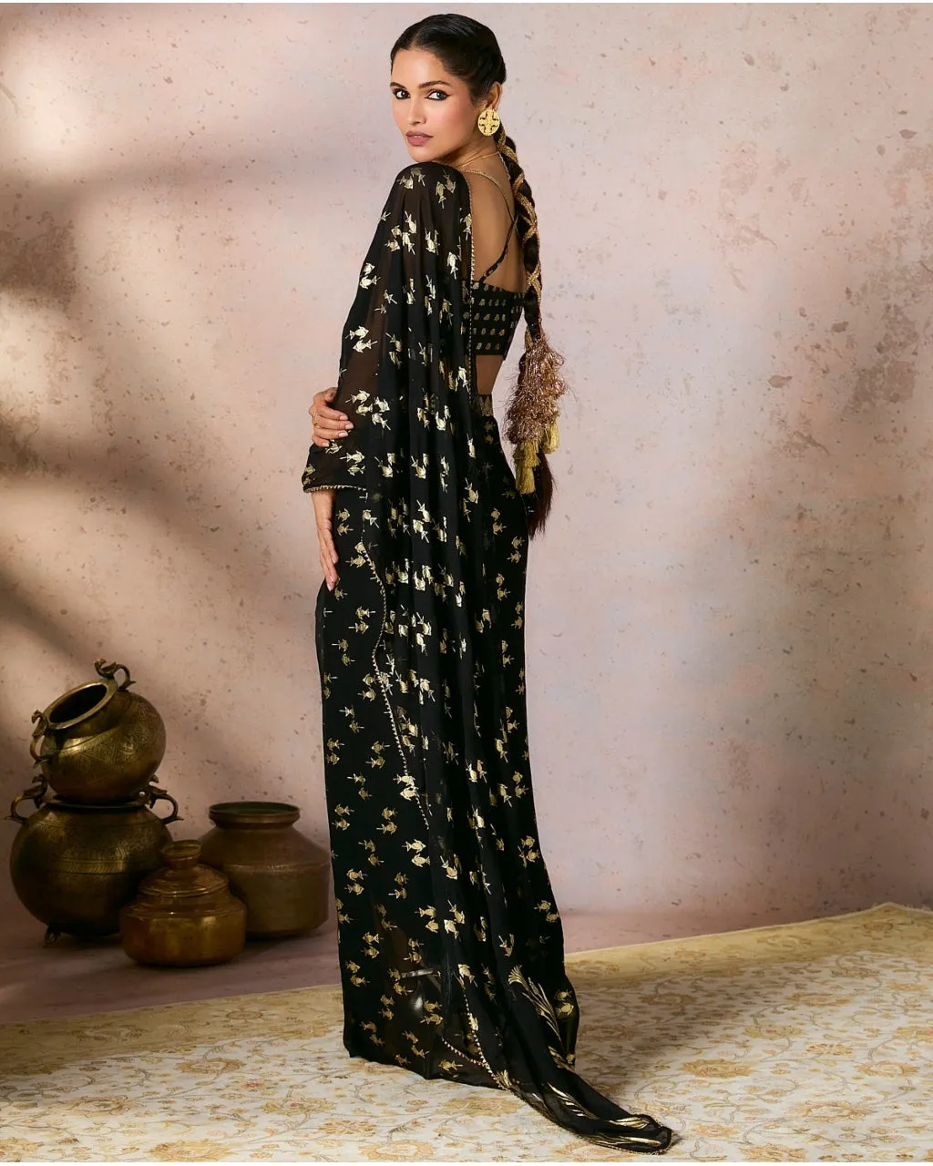 Black Mystic Drape Sari Set