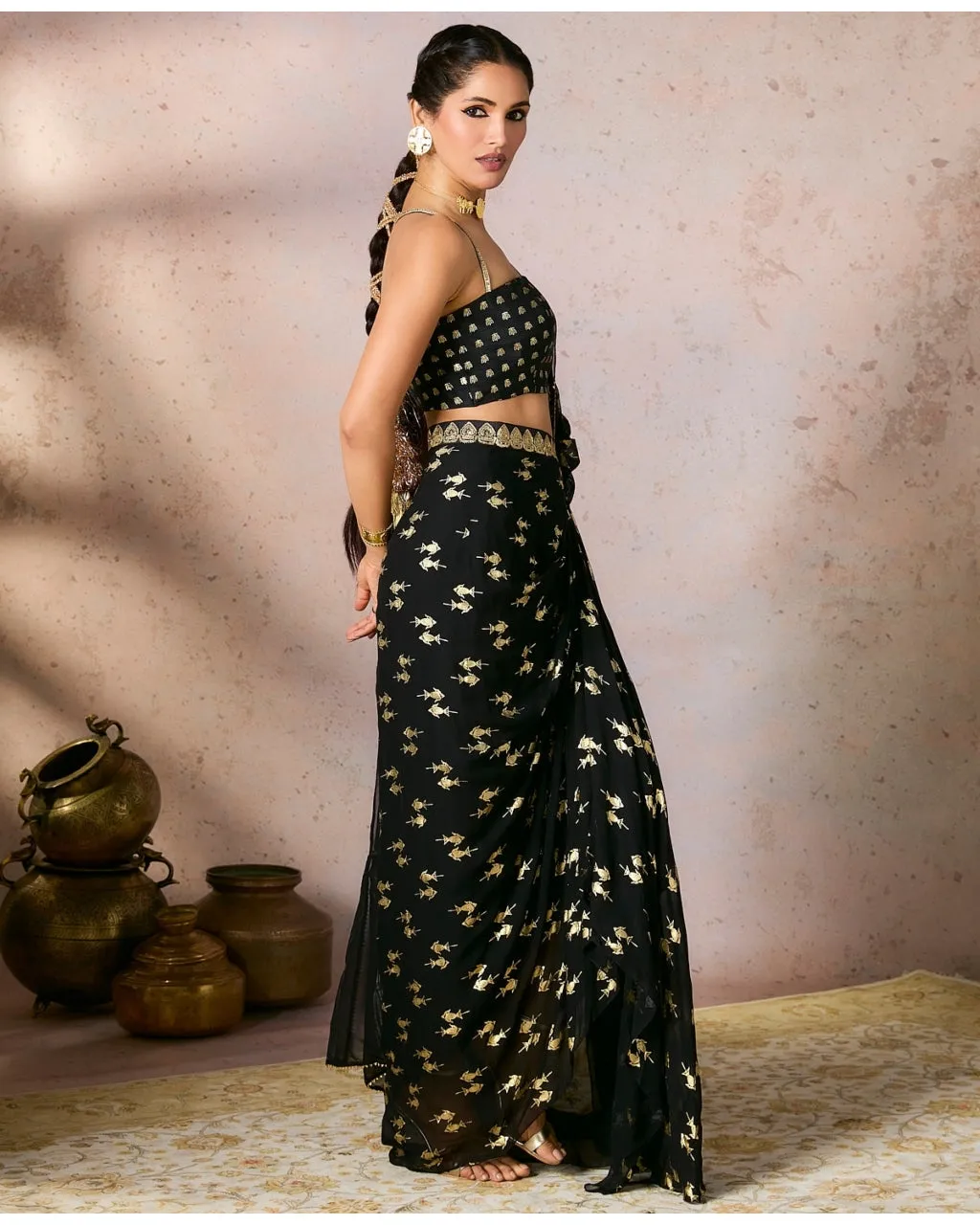 Black Mystic Drape Sari Set
